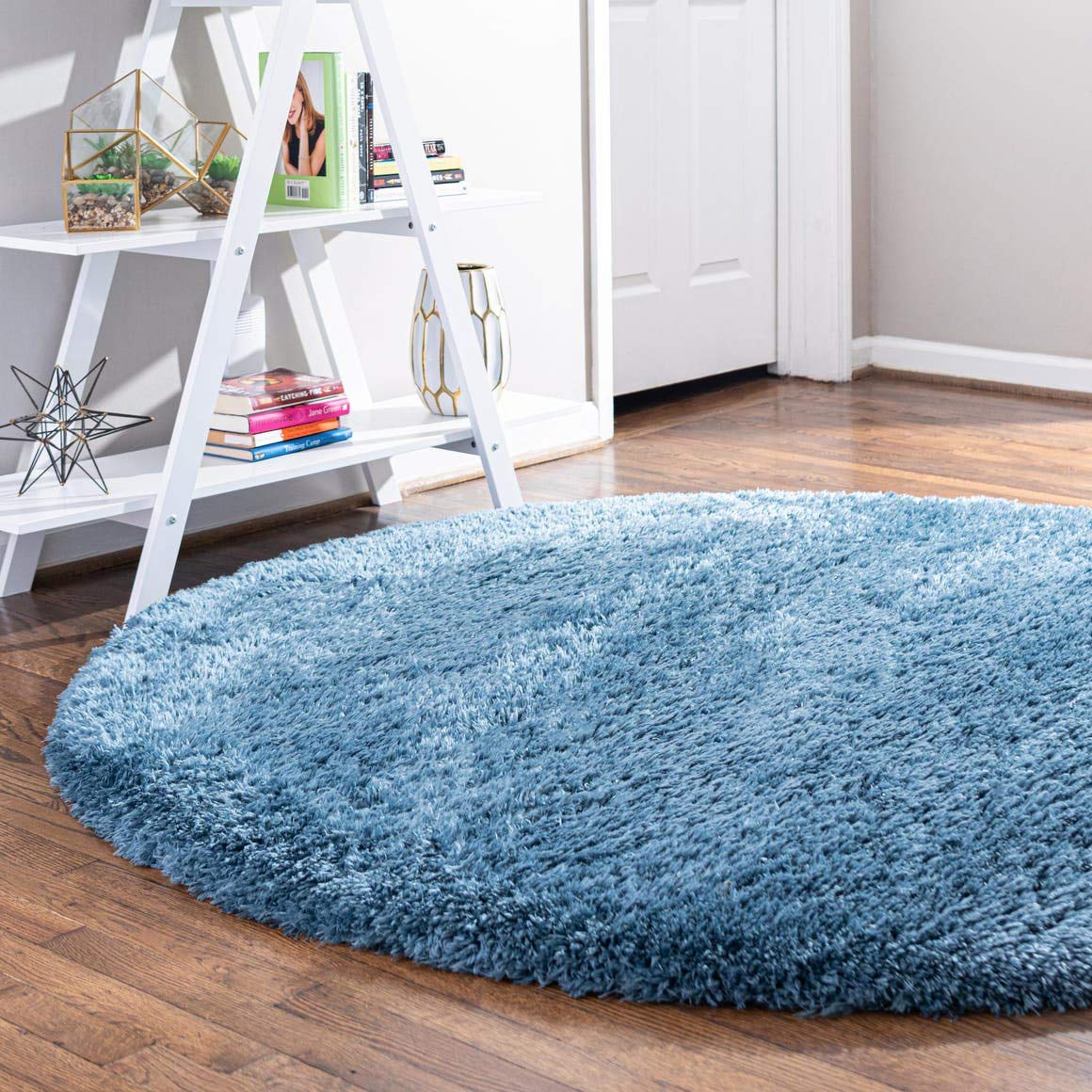 Rugs.com Infinity Collection Solid Shag Area Rug 8 Ft Round Aegean Blue Shag Rug Perfect for Kitchens, Dining Rooms
