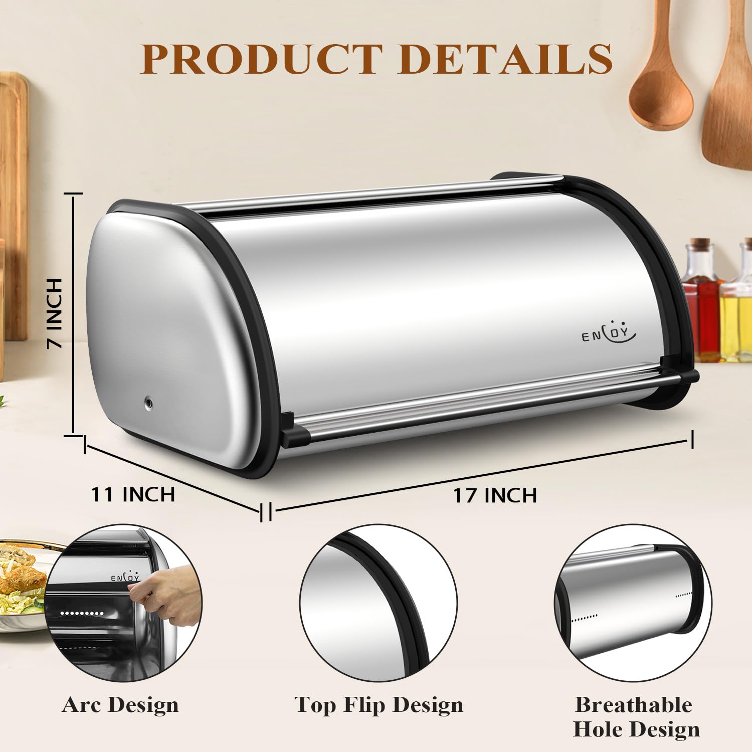 Enloy Bread Box For Kitchen Counter, Stainless Steel Roll Top Bread Bin, Sliver Bread Storage Holder With Lid, Large Capacity Br