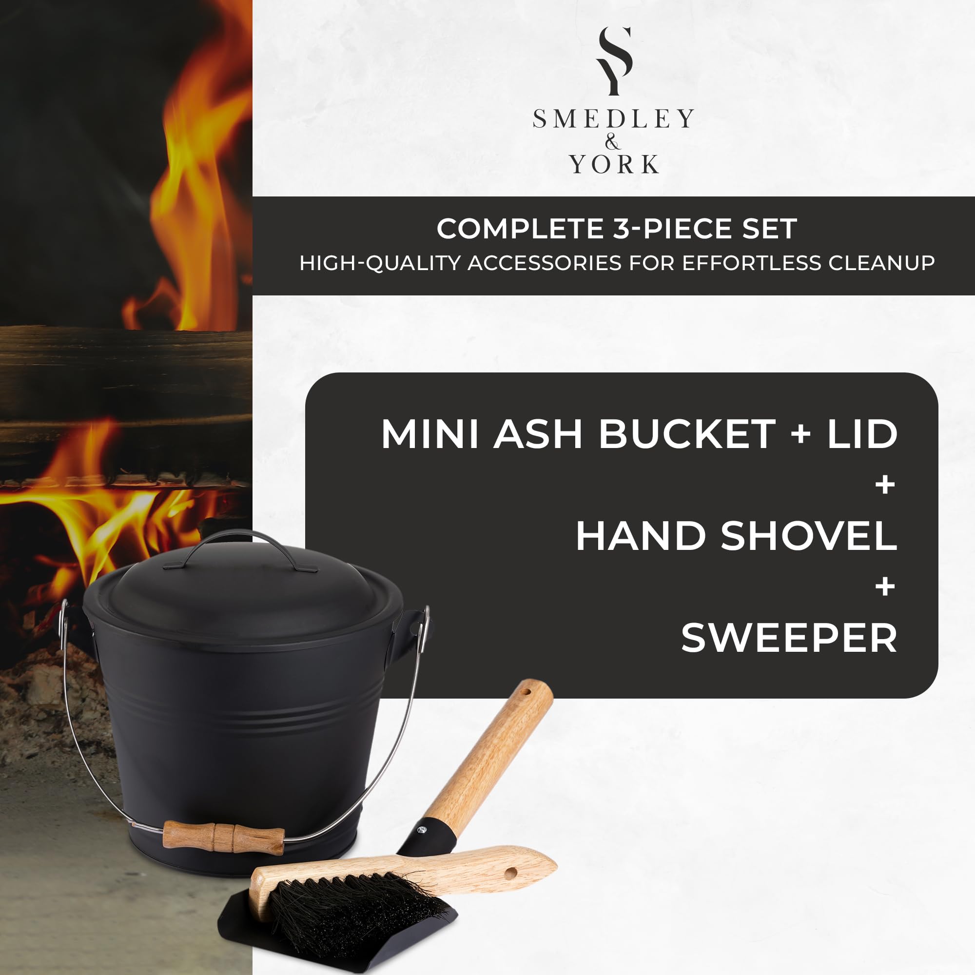Smedley & York Mini Ash Bucket With Lid, Includes Fireplace Tools, Pail, Shovel And Broom, 1.5 Gallon Charcoal Metal Bucket With