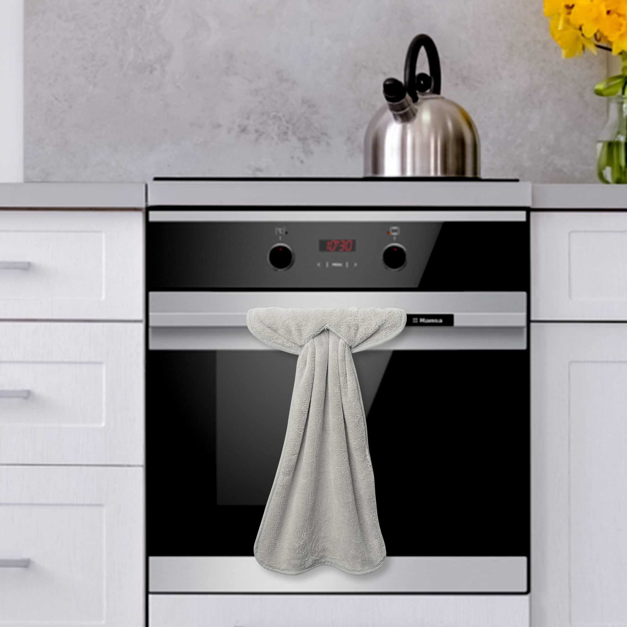 R Horse 4Pcs Grey Hand Towels With Hanging Loops, Absorbent Coral Fleece Gray Kitchen Cleaning Dishcloth Soft Thick Oven Dish Cl
