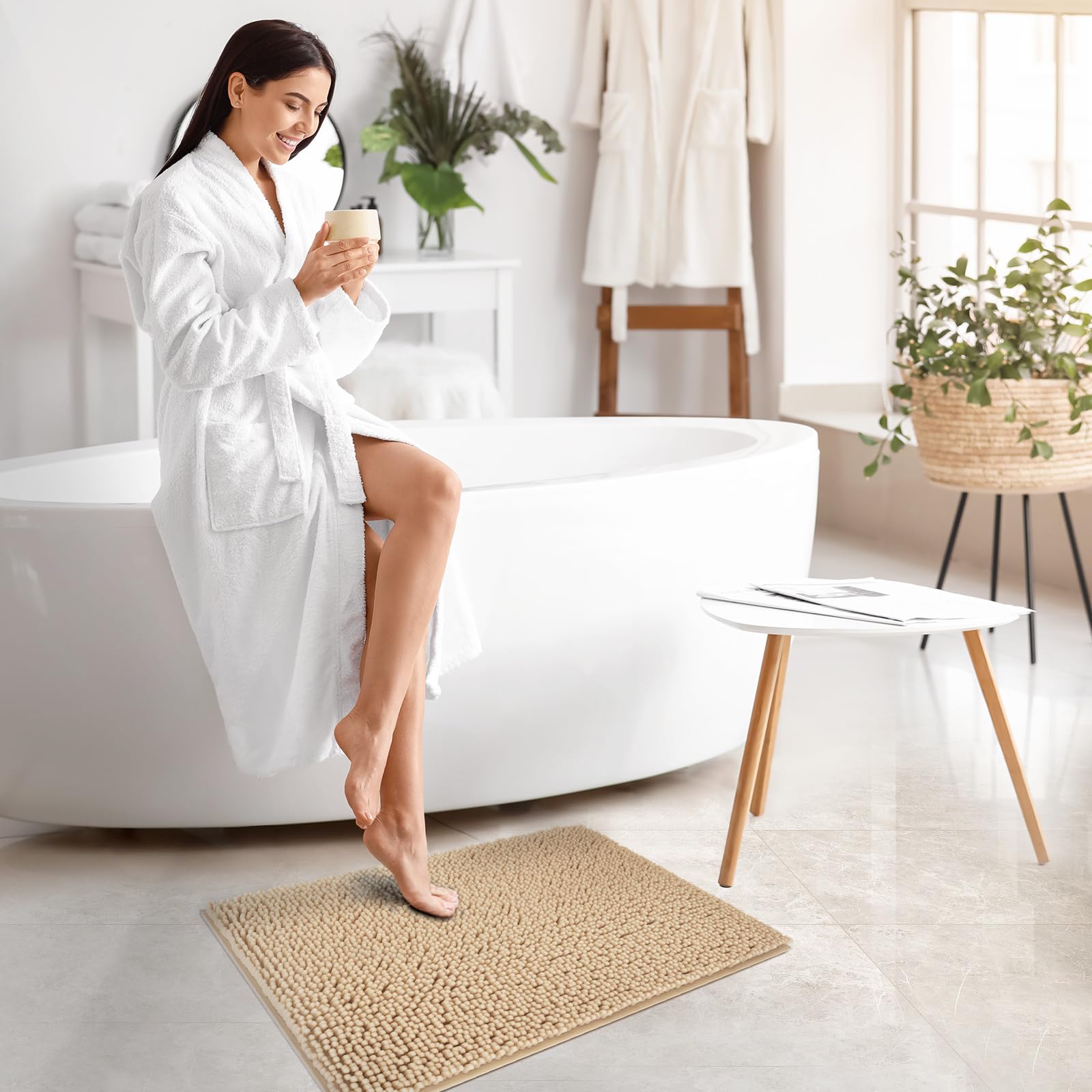 Techmilly Soft Fluffy Chenille Bathroom Rugs, Non Slip Absorbent Bath Mats For Bathroom, Washable And Quick Dry, Khaki, 17'' X 2
