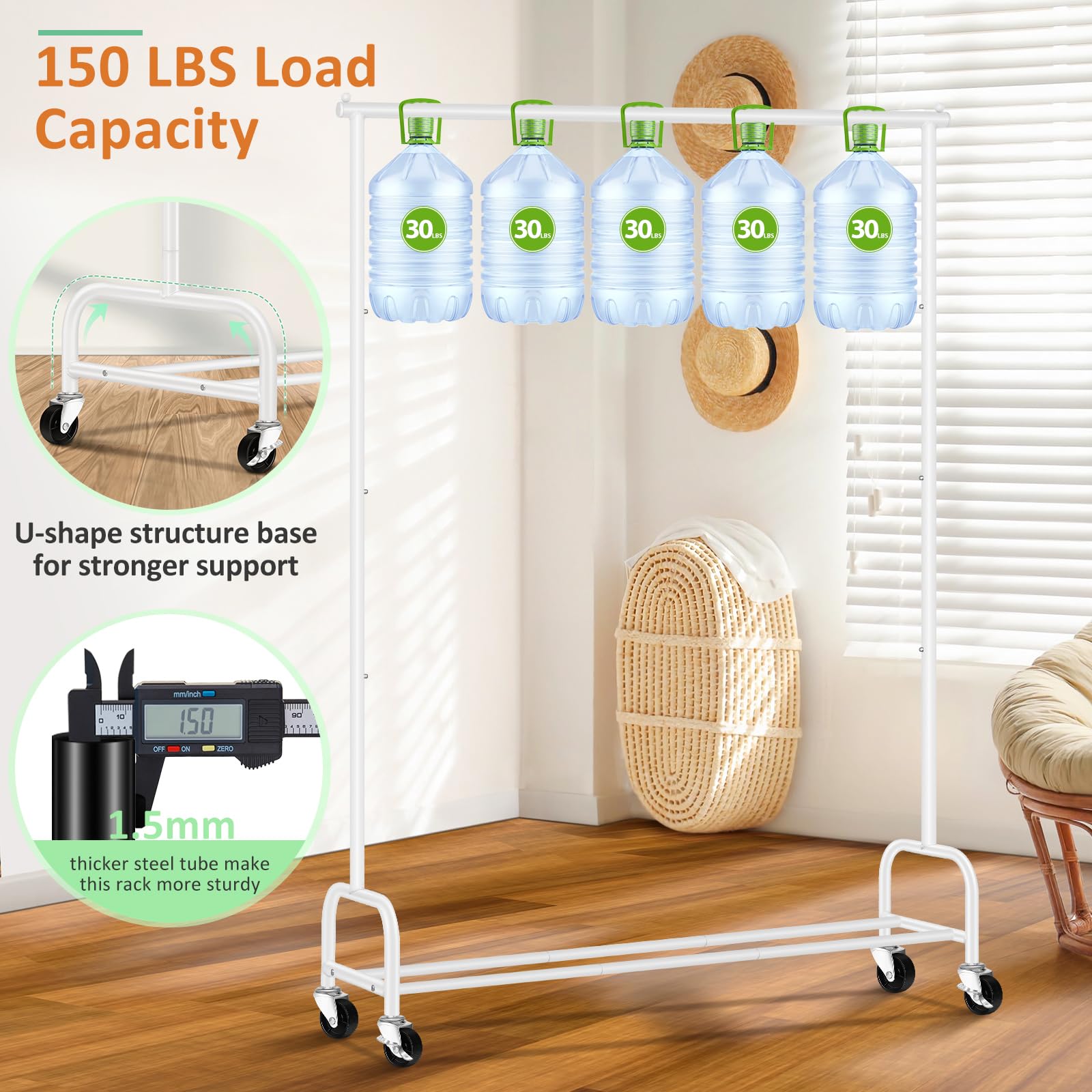Sleeping Lamb Heavy Duty Clothes Racks For Hanging Clothing Rack, 43'' Wide Rolling Garment Rack Metal Wardrobe Rack With Wheels