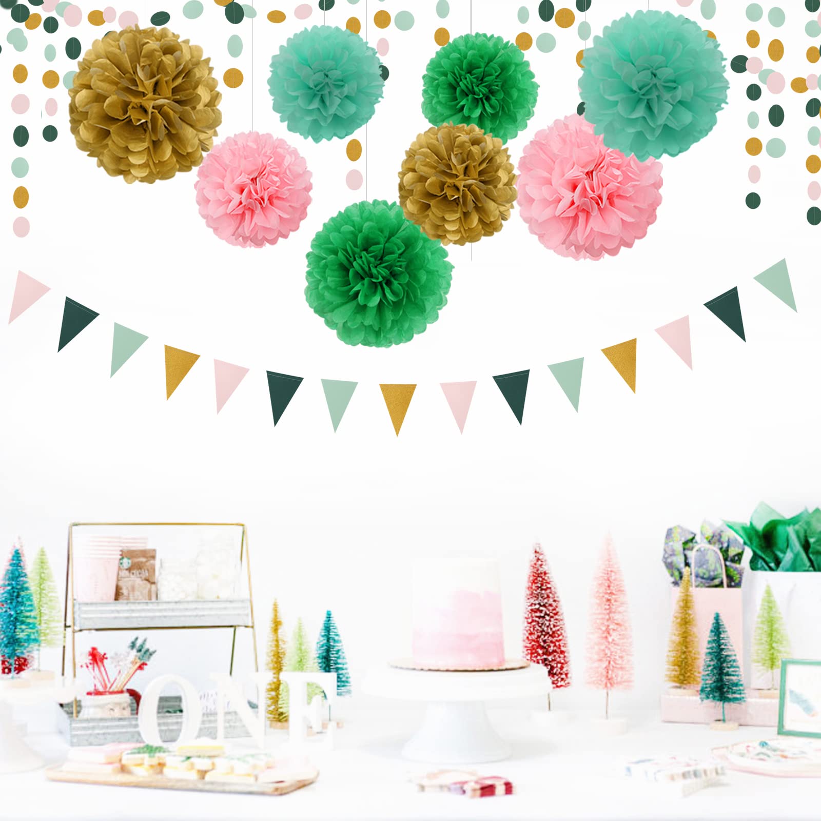 Sage-Green Pink Gold Paper Garland - 52Ft Glitter Paper Hanging Decoration Streamer Banner,Baby Bridal Shower Safari Birthday Tr