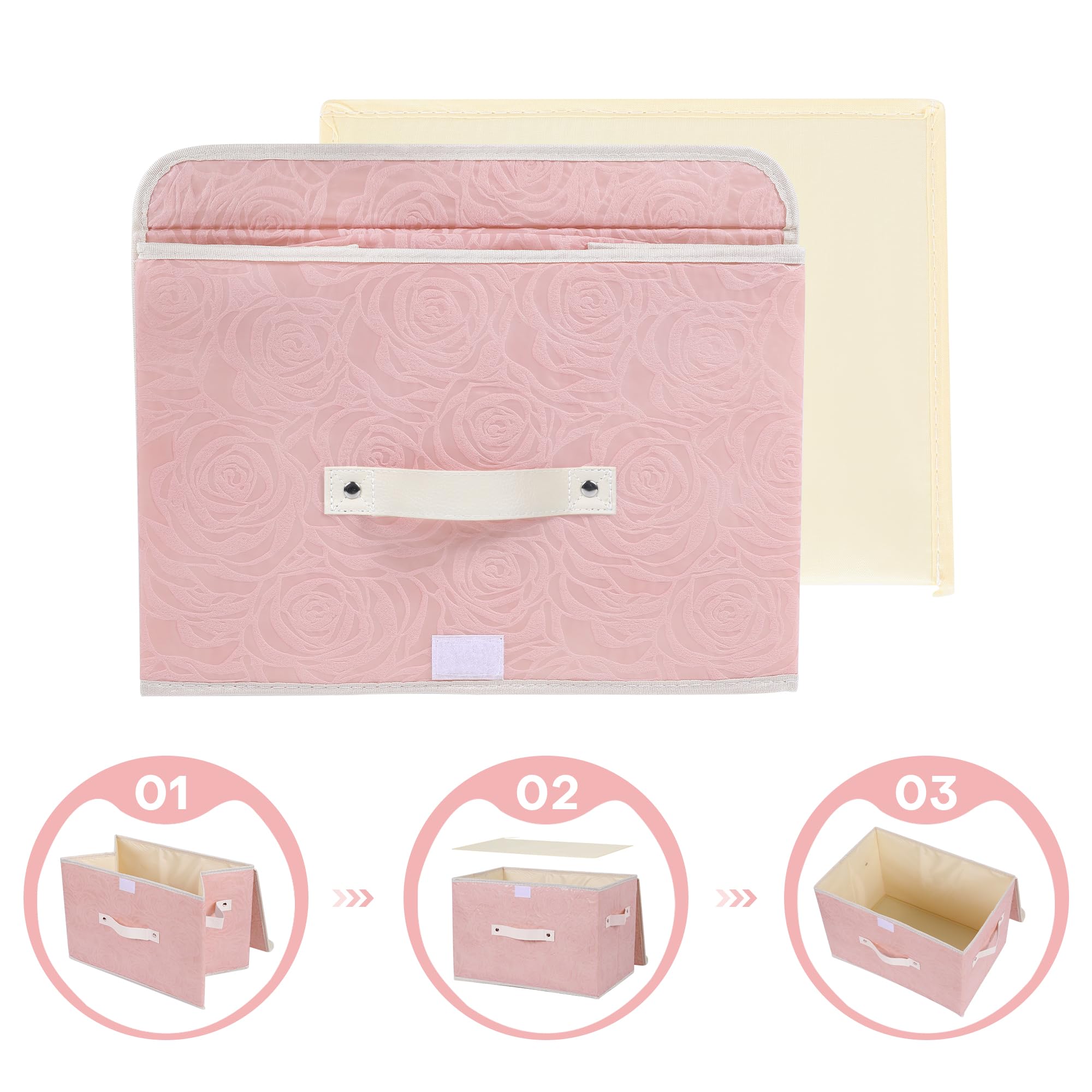 Anminy Fabric Storage Bin With Lid Rose Print Storage Box Basket With Pu Leather Handles Washable Pp Plastic Board Decorative Fo