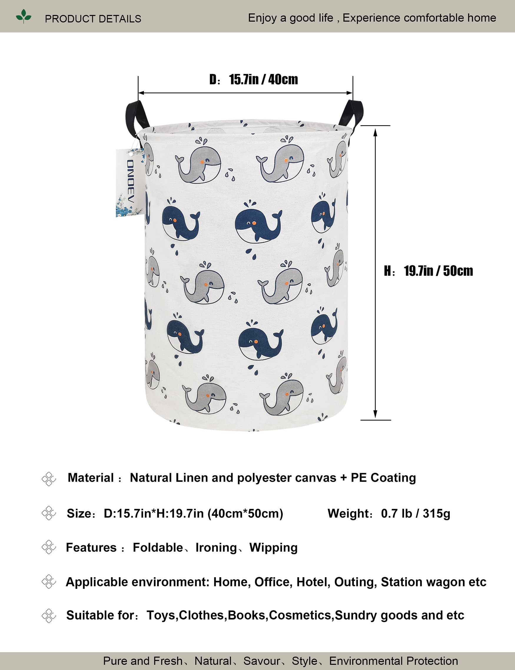 ONOEV Round waterproof laundry basket?foldable storage basket?laundry Hampers with handle?gift basket suitable for children's room and toy storage (whale)