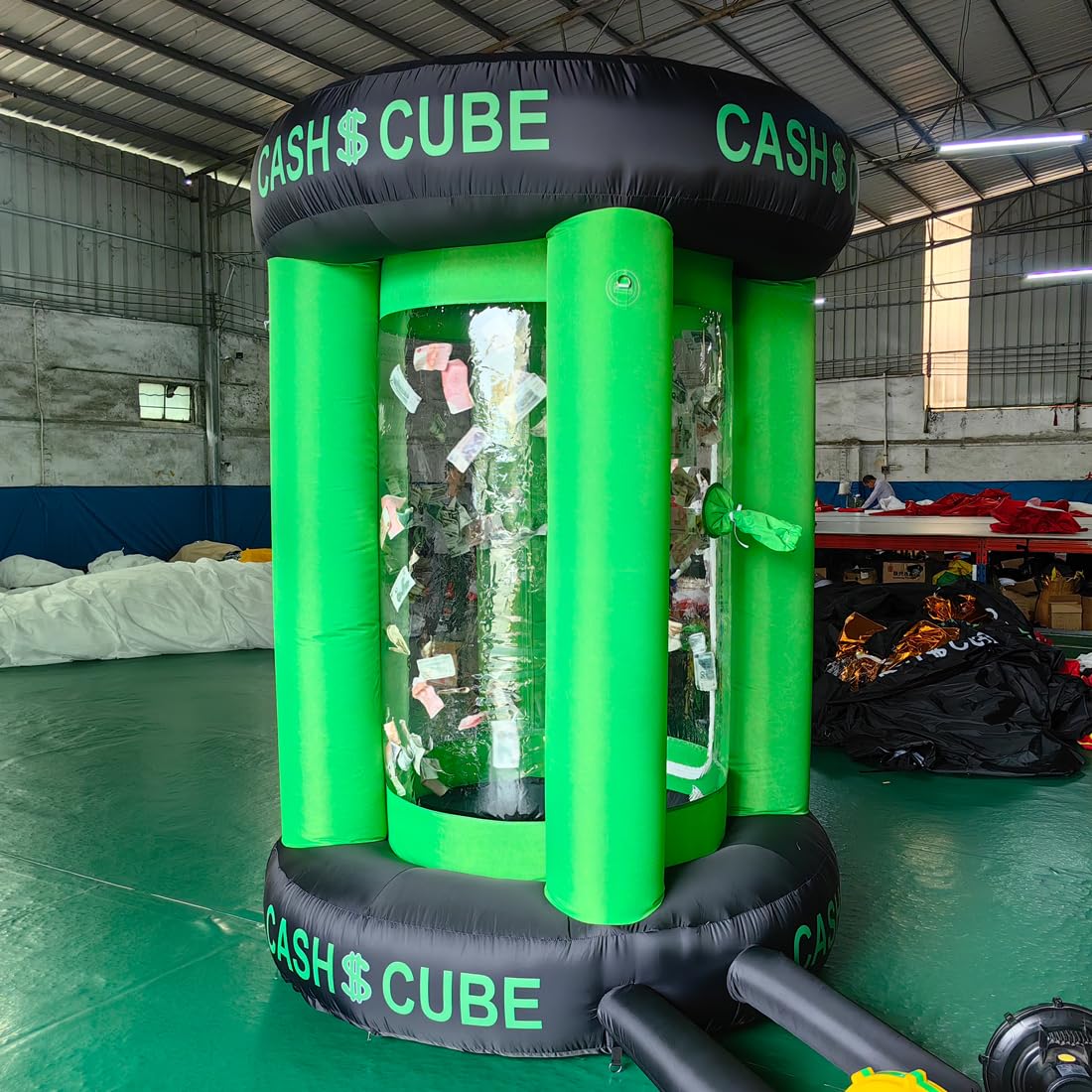 Green Inflatable Cash Cube Booth Inflatable Cube Cash Grab Machine Fast Money Booth Money Grab Machine with 2 Blowers for Promot