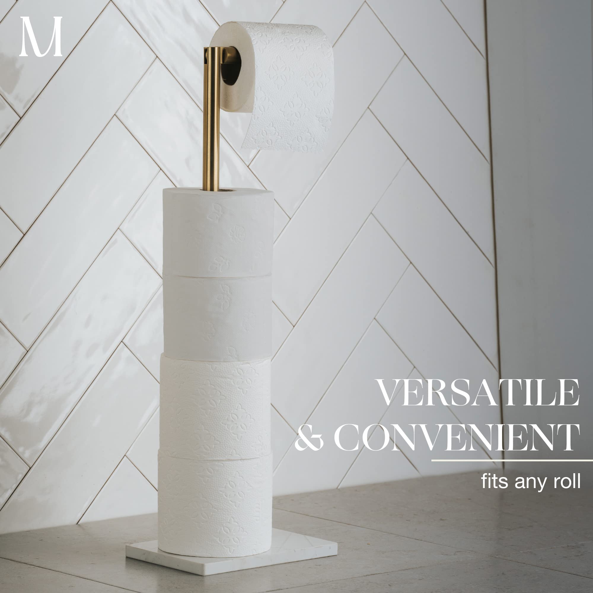 Marmolux Acc Free Standing Gold Toilet Paper Holder Stand White Marble Base And Storage | 4 Jumbo Roll Bathroom Hardware Toilet