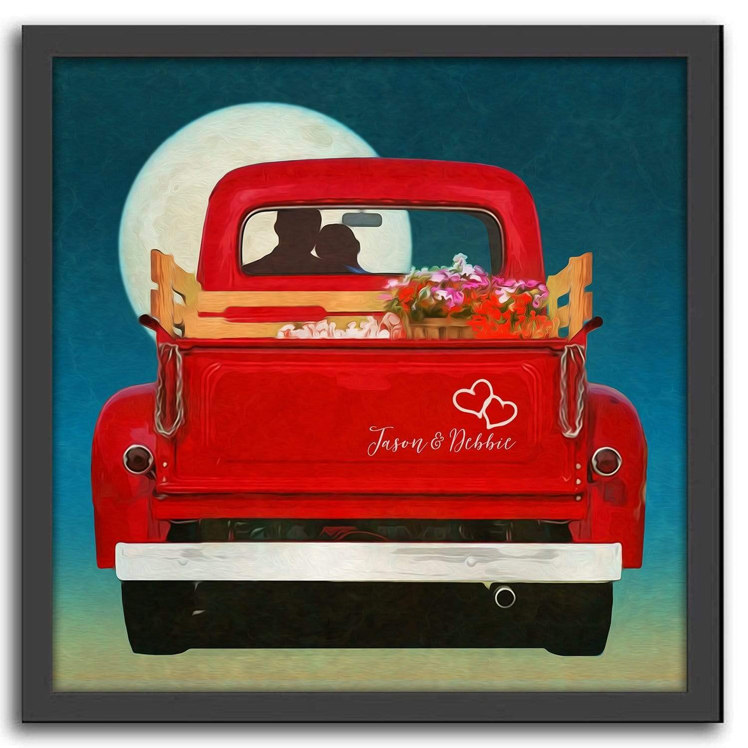 Sharing The Moon - Personalized Romantic Red Truck Decor Art (23''X23'' Framed Canvas)