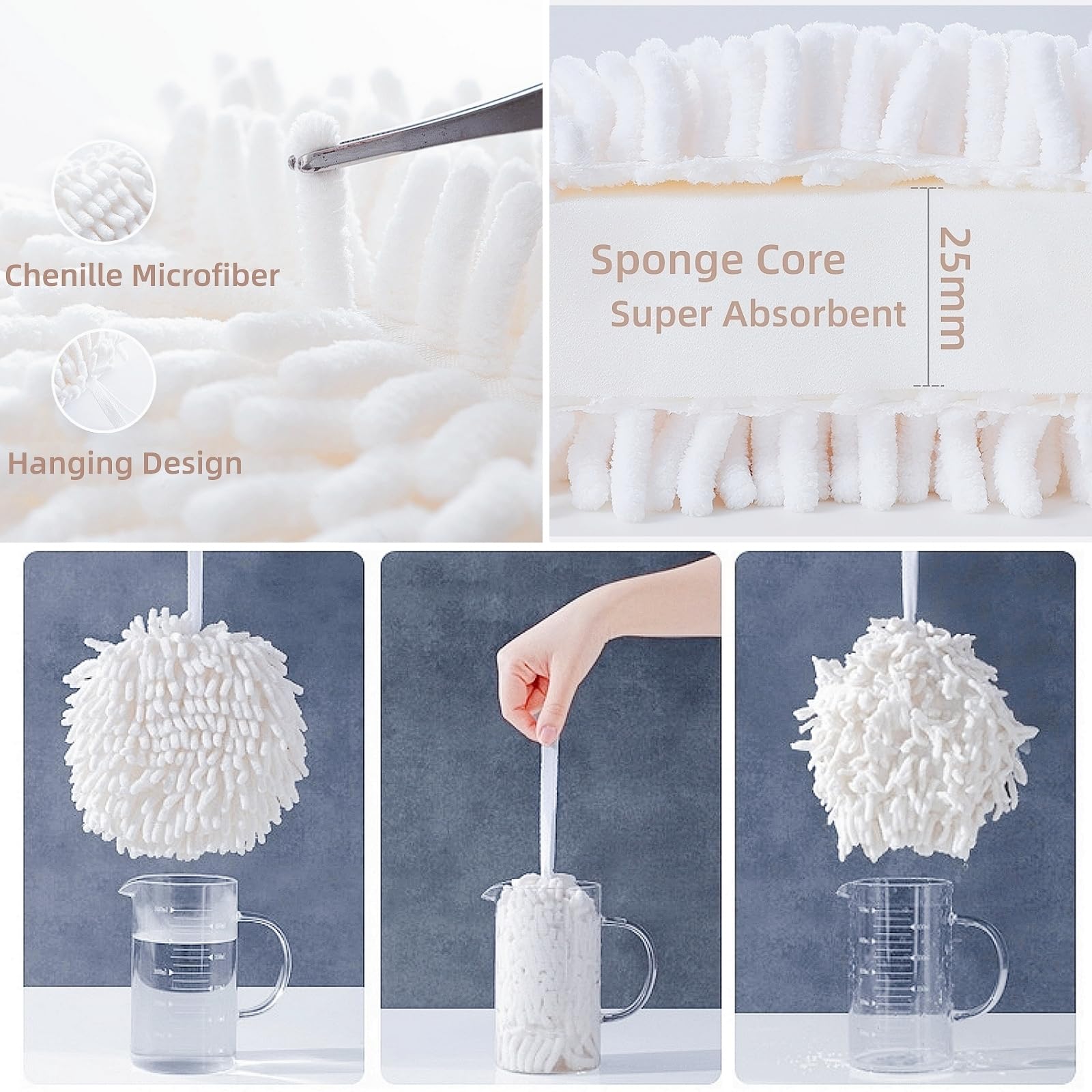 Frbryak 2 Pcs Fuzzy Ball Hand Towels, Microfiber Chenille Hand Towel Balls For Bathroom With Hanging Loop, Soft Fast Drying Deco