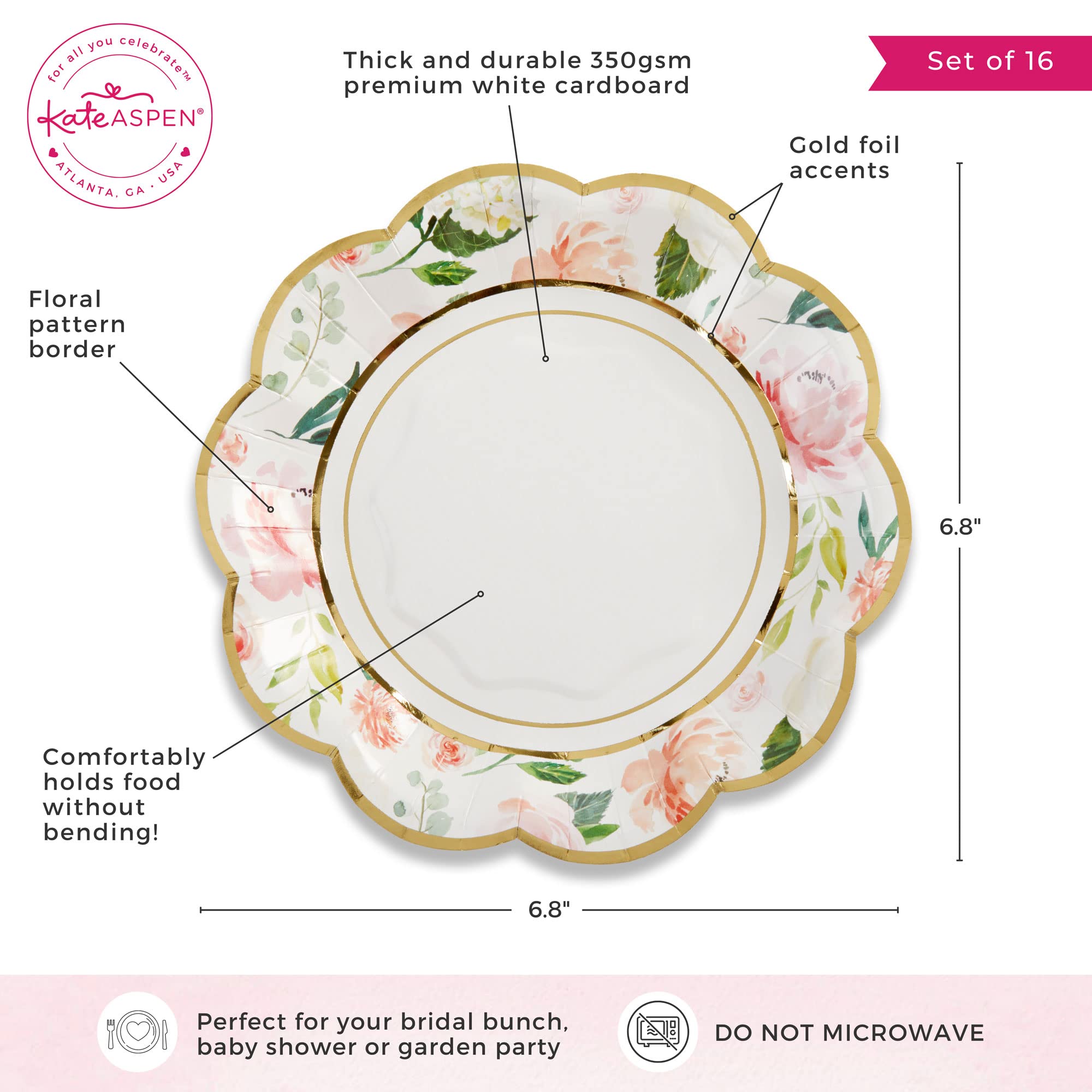Kate Aspen Pink Floral 7 In. Decorative Premium Paper Plates (350 Gsm Weight -Set Of 16) - Perfect For Bridal Showers And Weddin