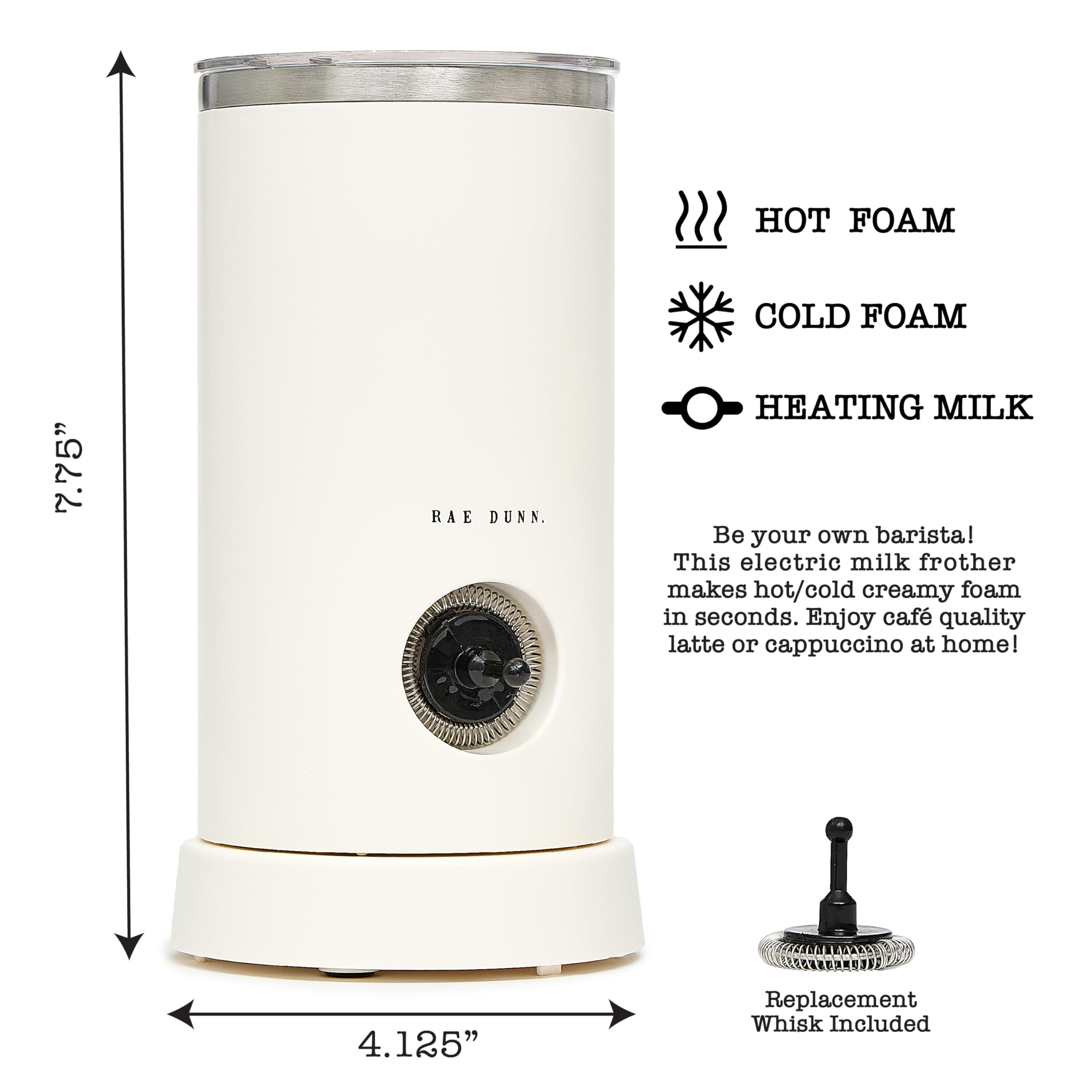 Rae Dunn Electric Milk Frother Steamer -Stylish Automatic Milk Steamer and Frother  Milk Warmer  Hot and Cold Foam Maker for Coffee  Latte  Cappuccino  Macchiato - 550 Watt (Cream)