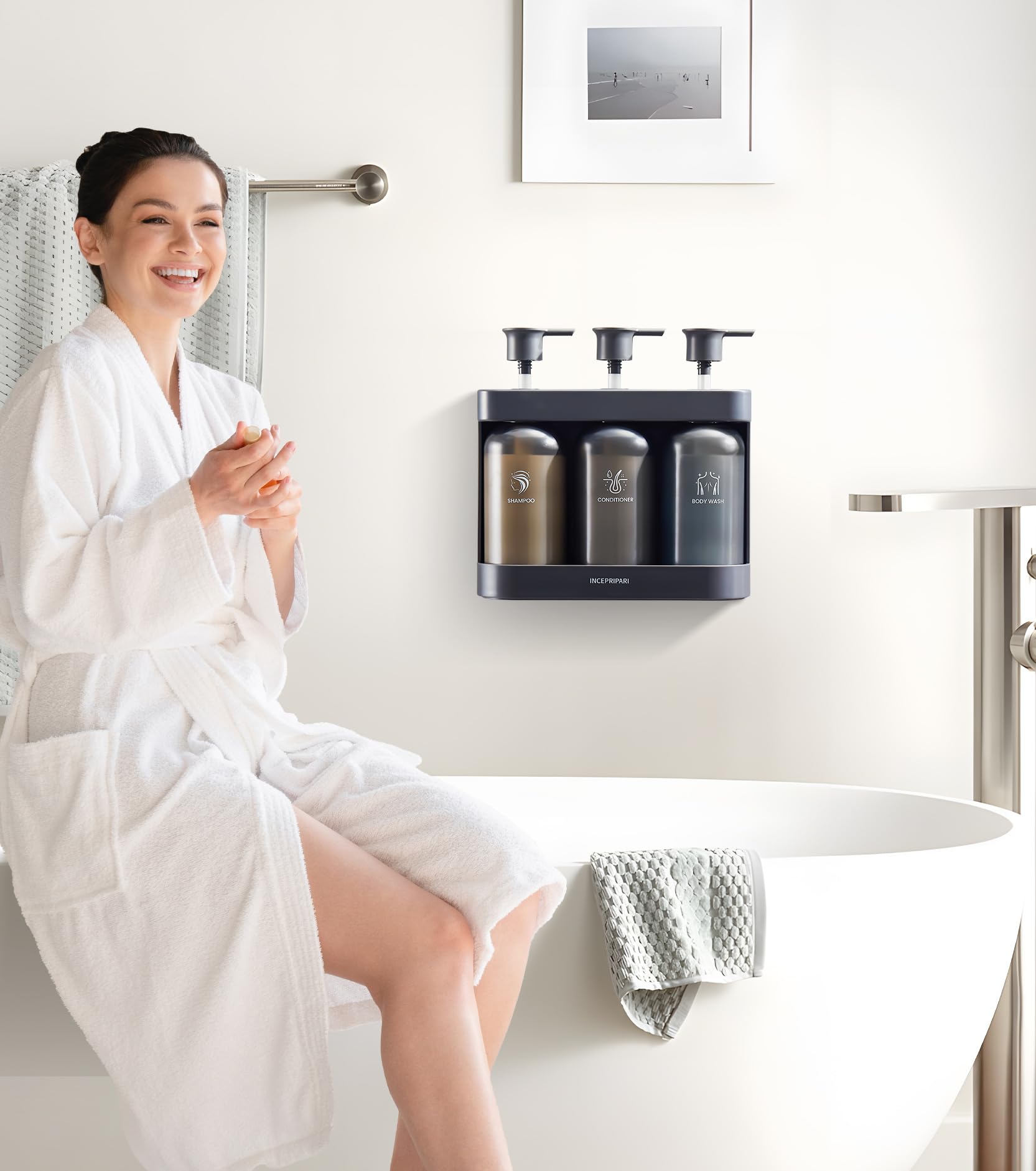 INCEPRIPARI Shower Dispenser - 3 Chamber Wall Mounted Shampoo and Conditioner, Black, No Drill, Plastic, Model IH3-P380