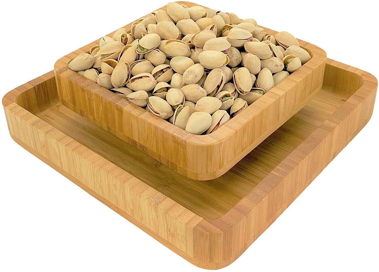 Penko Bamboo Pistachio Snack Bowl Double Dish Holder Bowl Pedestal And Sunflower Seed Nut Bowl With Shell Storage
