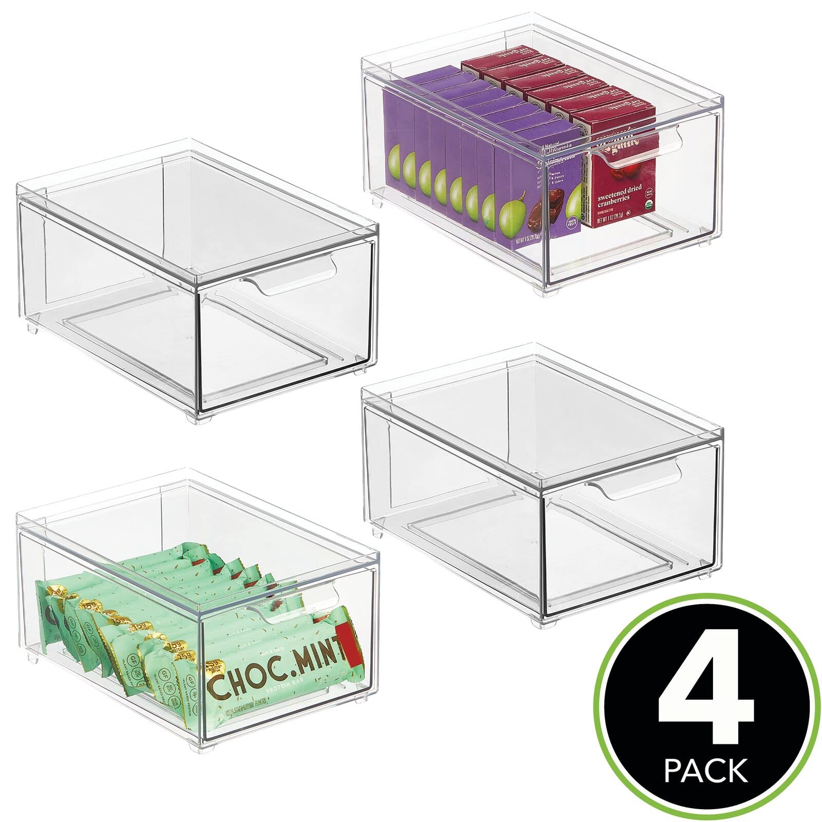 mDesign Stackable Storage Containers Box with Pull-Out Drawer - Stacking Plastic Drawers Bins for Kitchen Pantry and Cupboard  Cabinet  Counter  Island and Tables - Lumiere Collection - 4 Pack - Clear