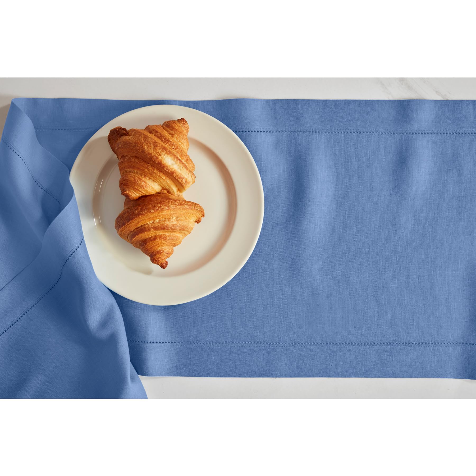 Solino Home Linen Blue Table Runner 60 Inch - 100% Pure Linen Hemstitch Short Table Runner 14 X 60 Inch Ideal For Dresser And Co
