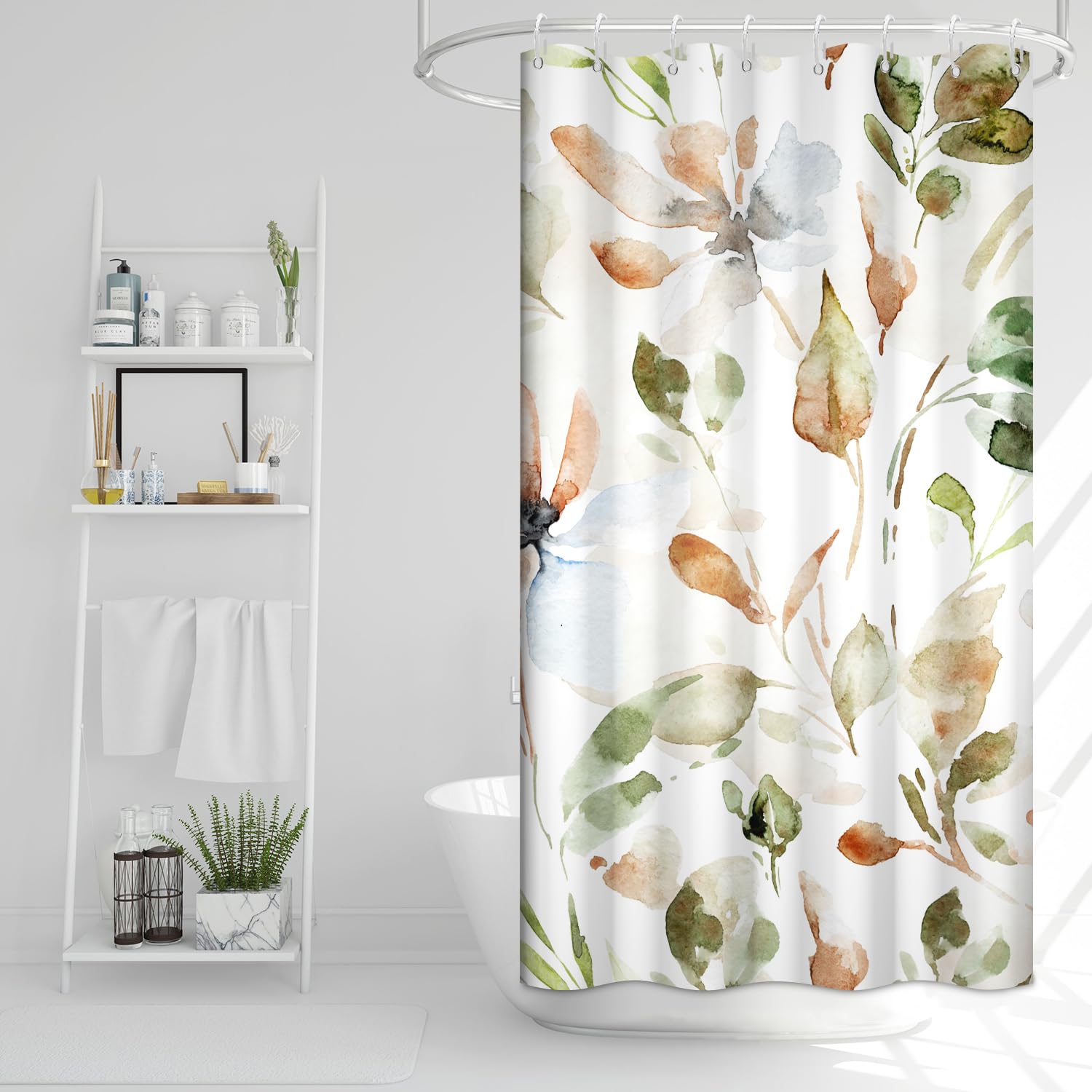 Ruelvth Stall Shower Curtain, Watercolor Pink Floral Shower Curtain For Bathroom Waterproof Green Botanical Rv Shower Curtain Se