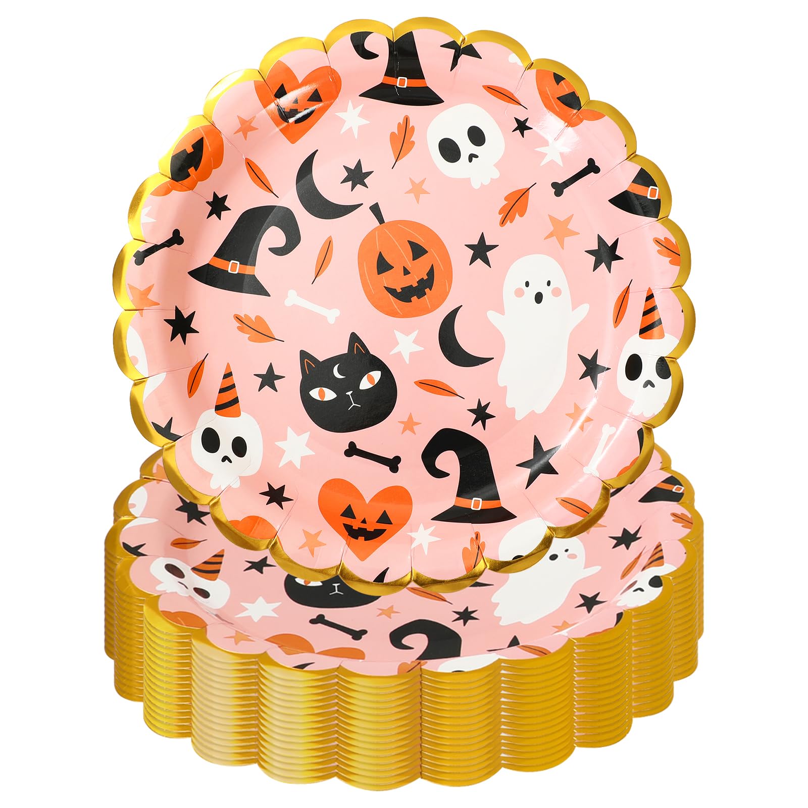 JarThenaAMCS 50Pcs Halloween Scalloped Paper Plates 9 Inch Gold Foil Disposable Dinner Plates for Halloween Birthday Party Suppl