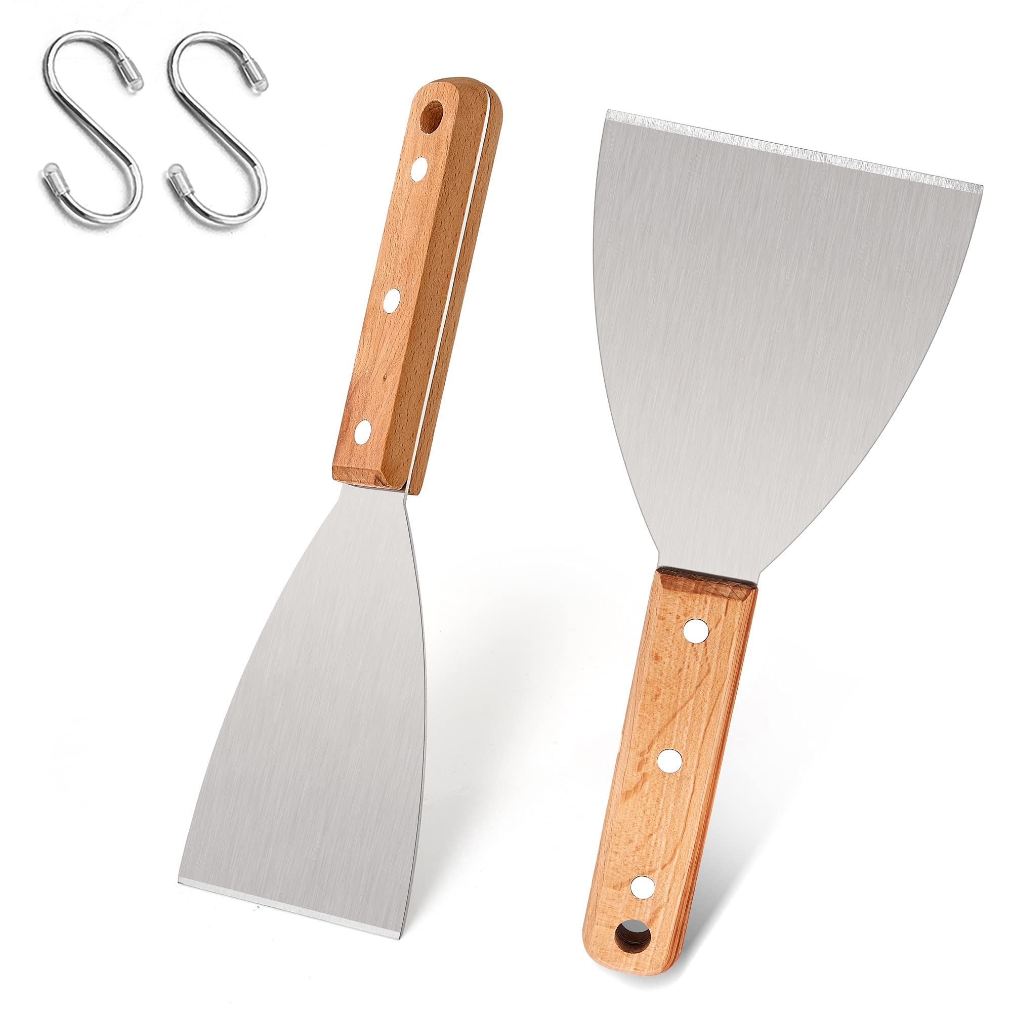 Leonyo Grill Griddle Scraper Set Of 2, Stainless Steel Metal Grill Scraper Tool For Flat Top Teppanyaki Bbq, Versatile Scraper F