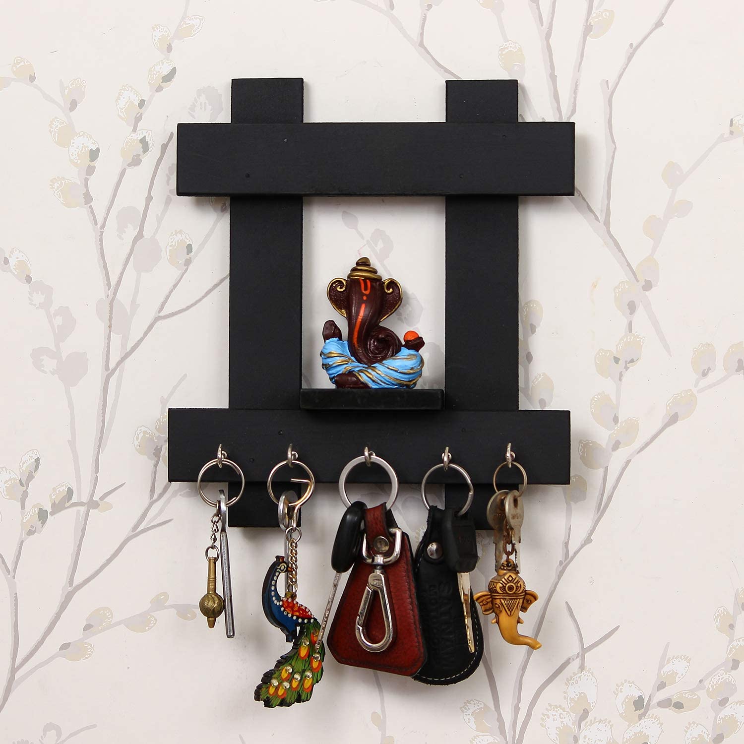 eCraftIndia Resin Lord Ganesha Idol Wooden Key Holder for Wall with 5 Key Hooks  Wall Key Holder for Home Decor  Key Organizer