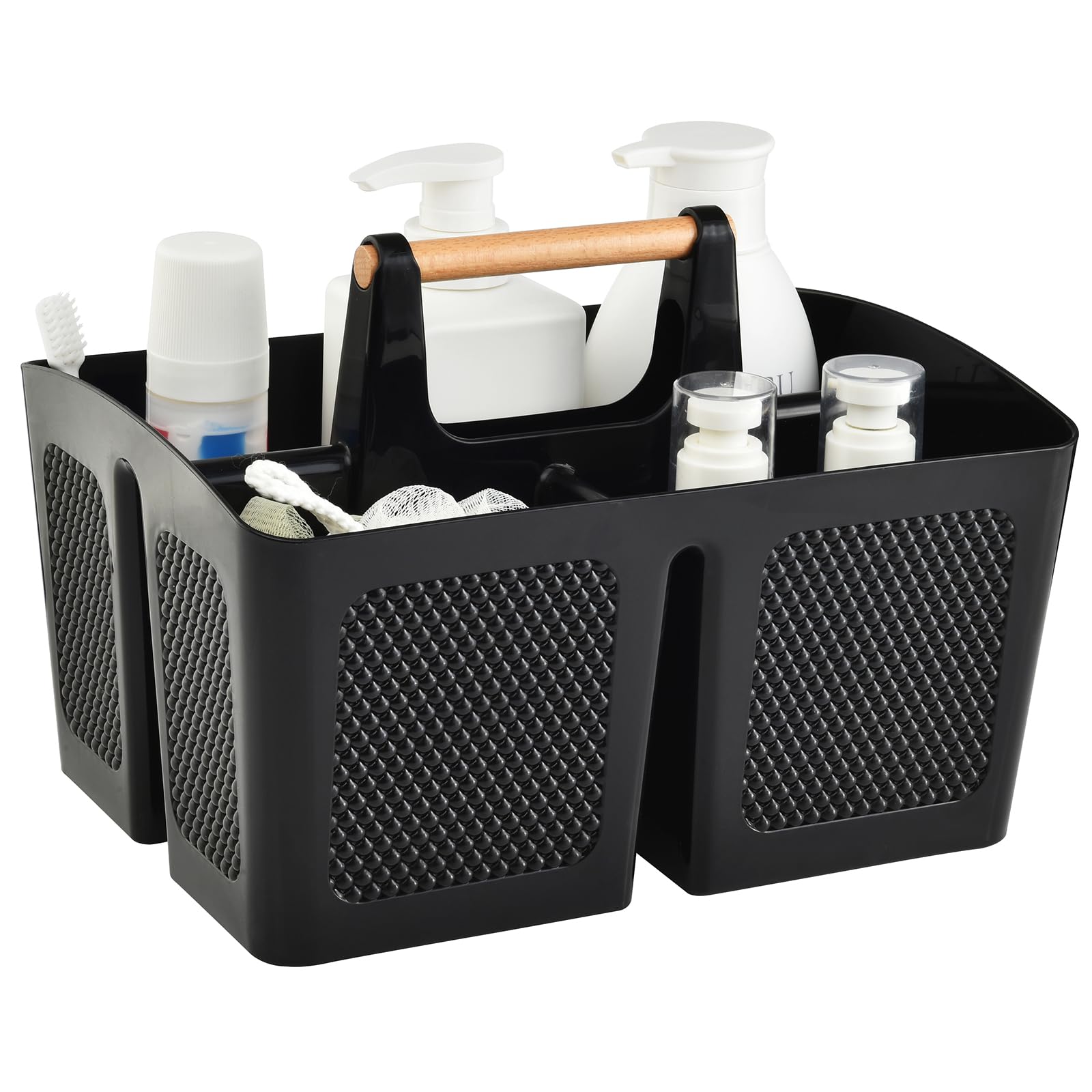 Haundry Plastic Black Shower Caddy Basket with 3 Compartments, Portable Divided Bathroom Cleaning Caddy Organizer Storage Tote w
