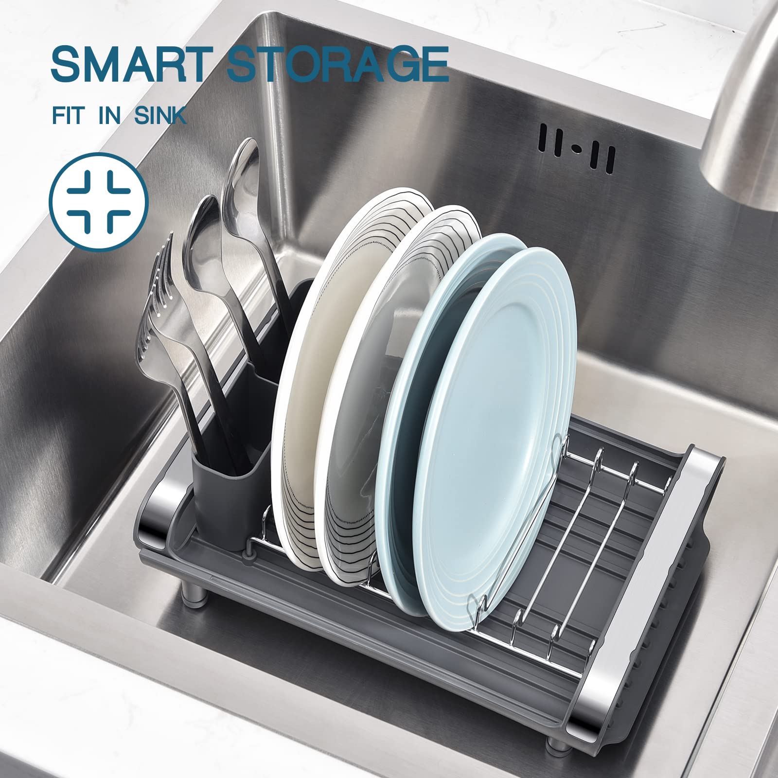 Toolf Expandable Dish Rack, Compact Dish Drainer, Stainless Steel Dish Drying Rack With Removable Cutlery Holder, Anti Rust Plat