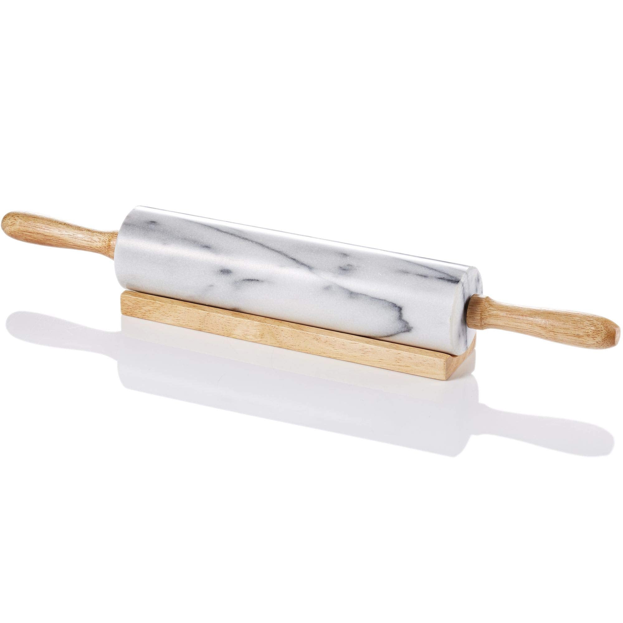 Jemarble Rolling Pin-Wooden Handles(White)(Premium Quality) Polished Surface 18-Inch(10''Barrel) Genuine Stone Non-Stick Save Ef