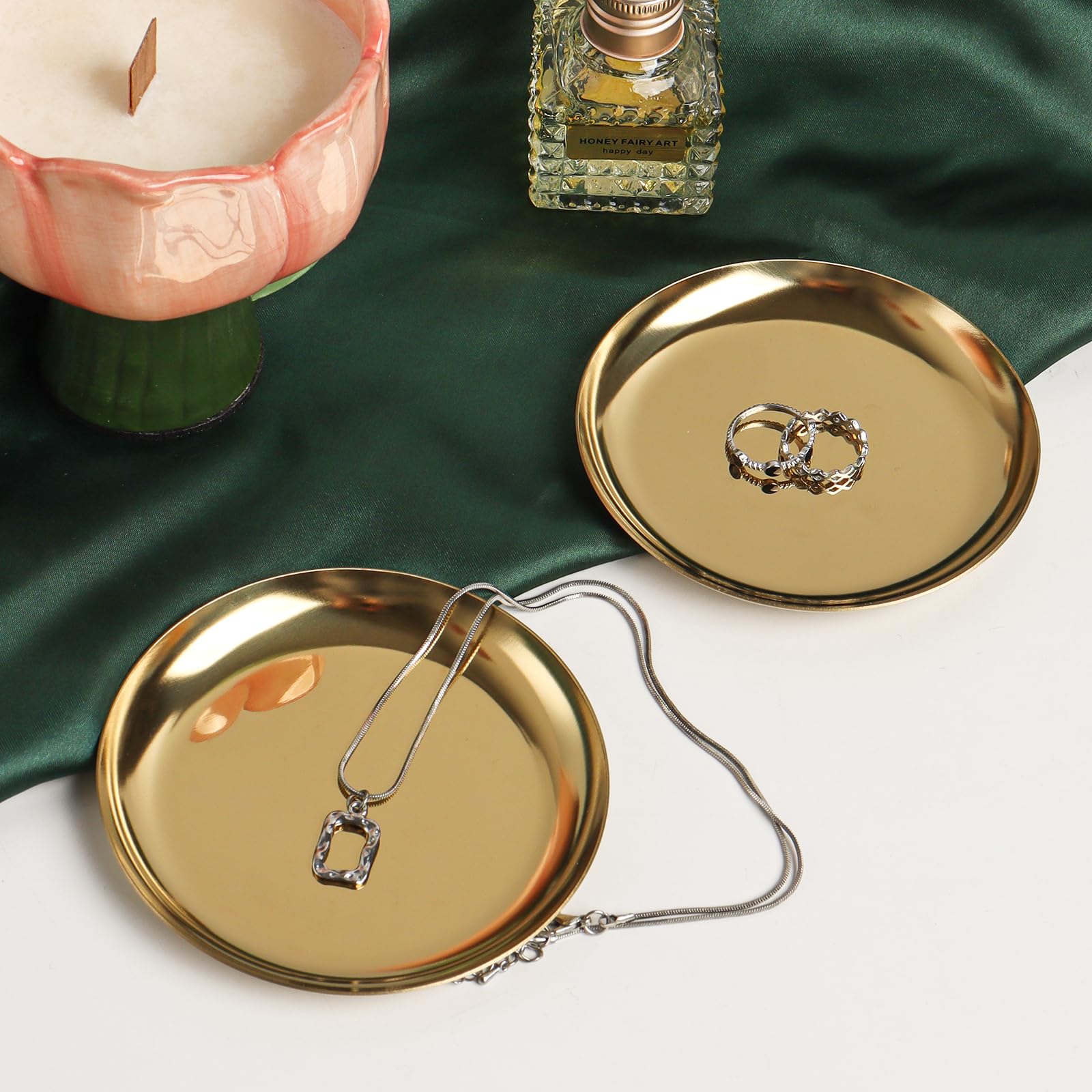 Wexpw 2 Pack Gold Jewelry Dish Plate 4Inch Stainless Steel Small Gold Decorative Jewelry Tray Golden Tray Round Metal Tray Gold