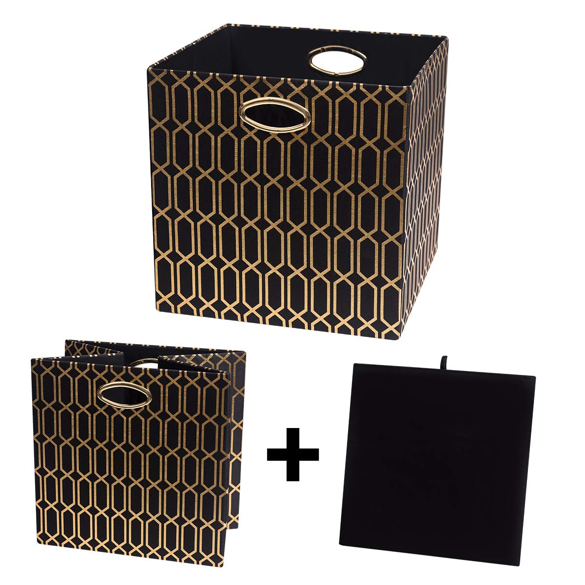 Posprica Storage Bins, Storage Cubes,13  13 Fabric Drawers Organizer Basket Boxes Containers (13  13  13/4Pcs, Black/Gold Geomet