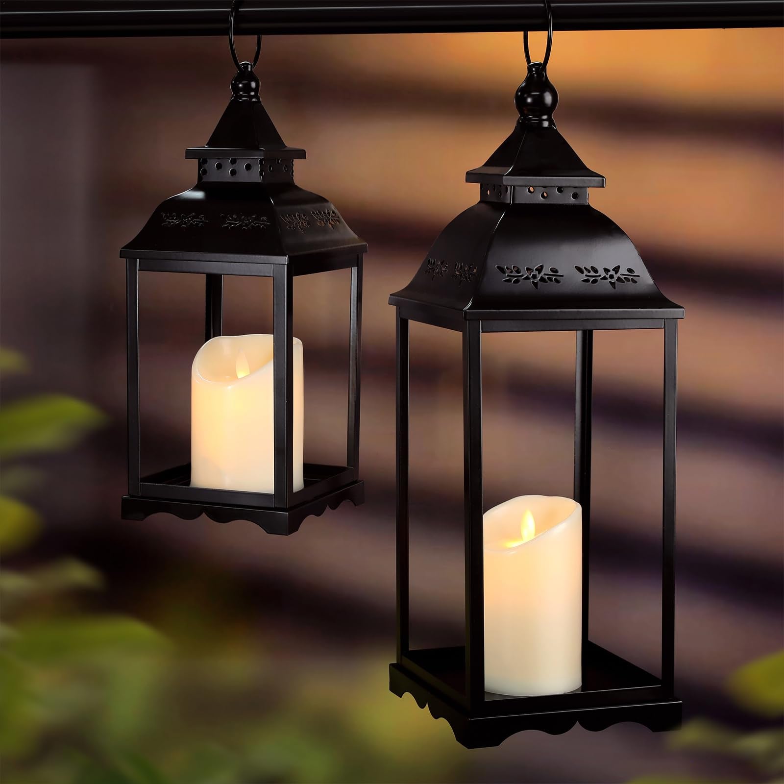 HAVITI 2 Pack Outdoor Lantern for Porch, Black Decorative Farmhouse Lanterns Indoor, 17   12   Lantern (no Glass) with 2PCS LED