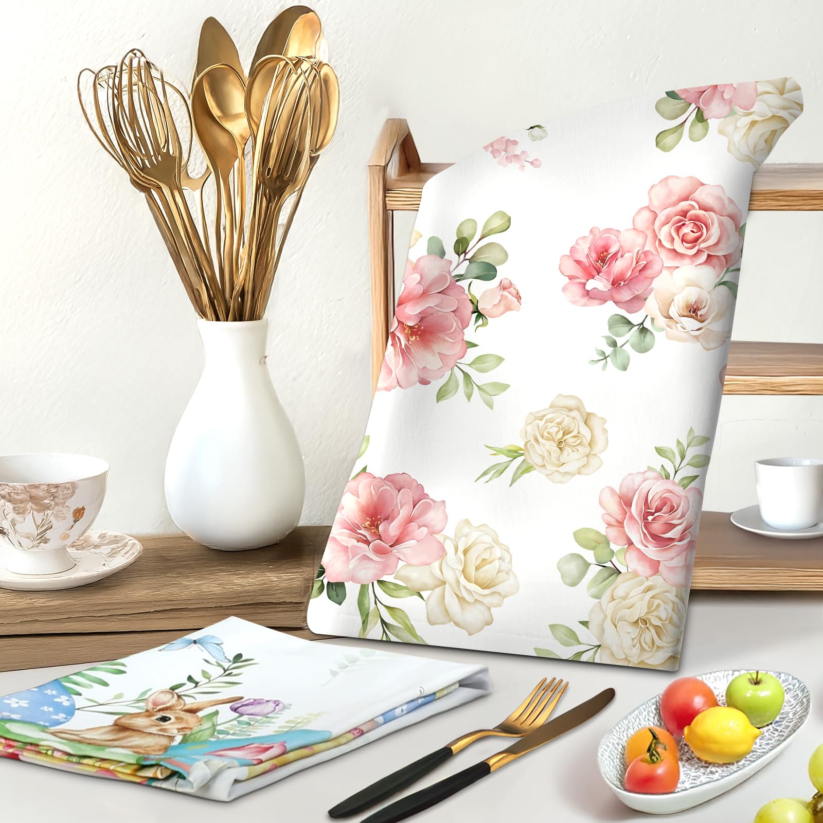 Arquiel 4Pcs Watercolor Flower Kitchen Tea Towels 100% Cotton Pink Floral Butterfly Hand Towels Multiple Uses Quick Dry Dish Clo