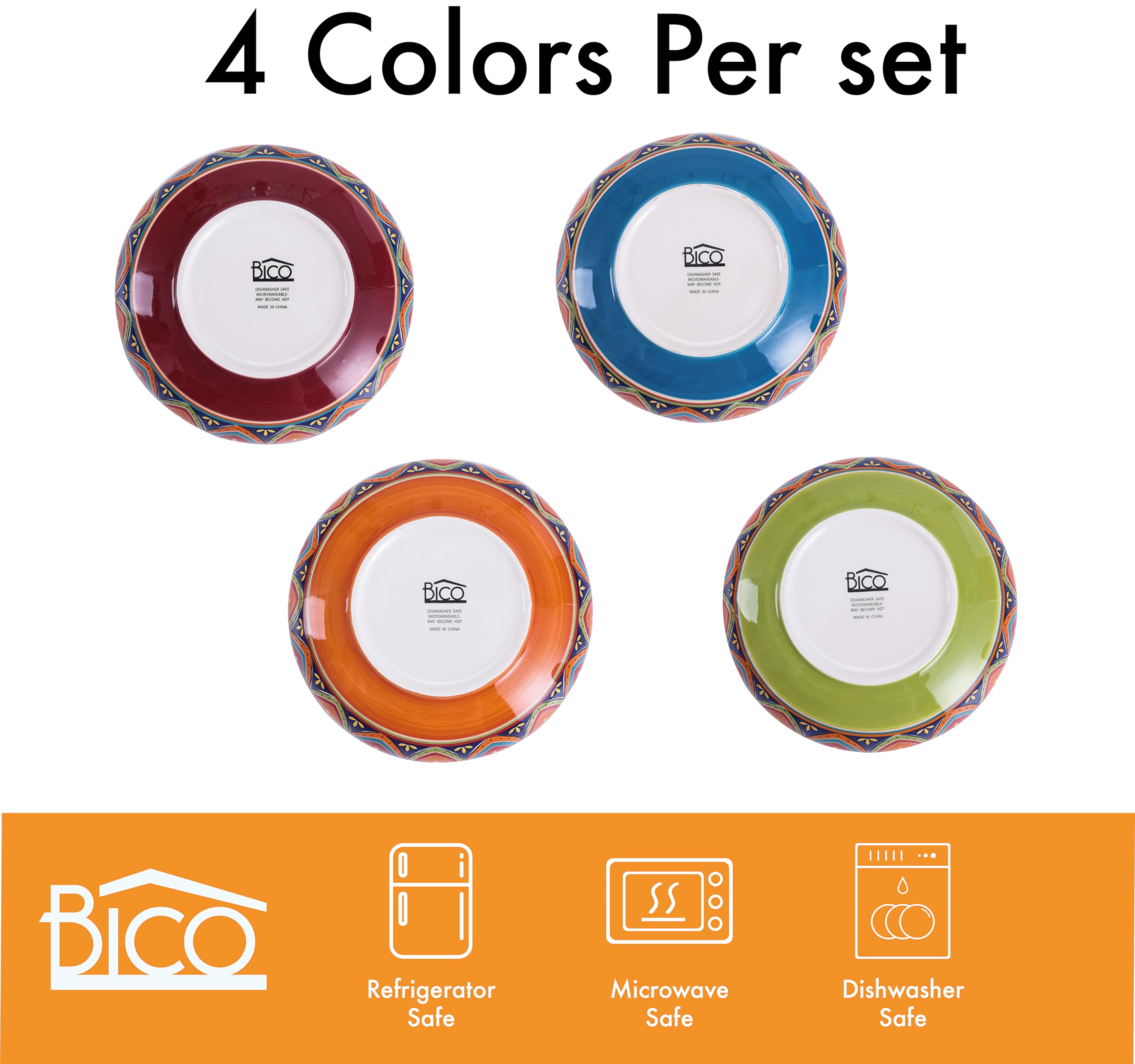 Bico Tunisian Ceramic 35Oz Dinner Bowls, Set Of 4, For Pasta, Salad, Cereal, Soup & Microwave & Dishwasher Safe