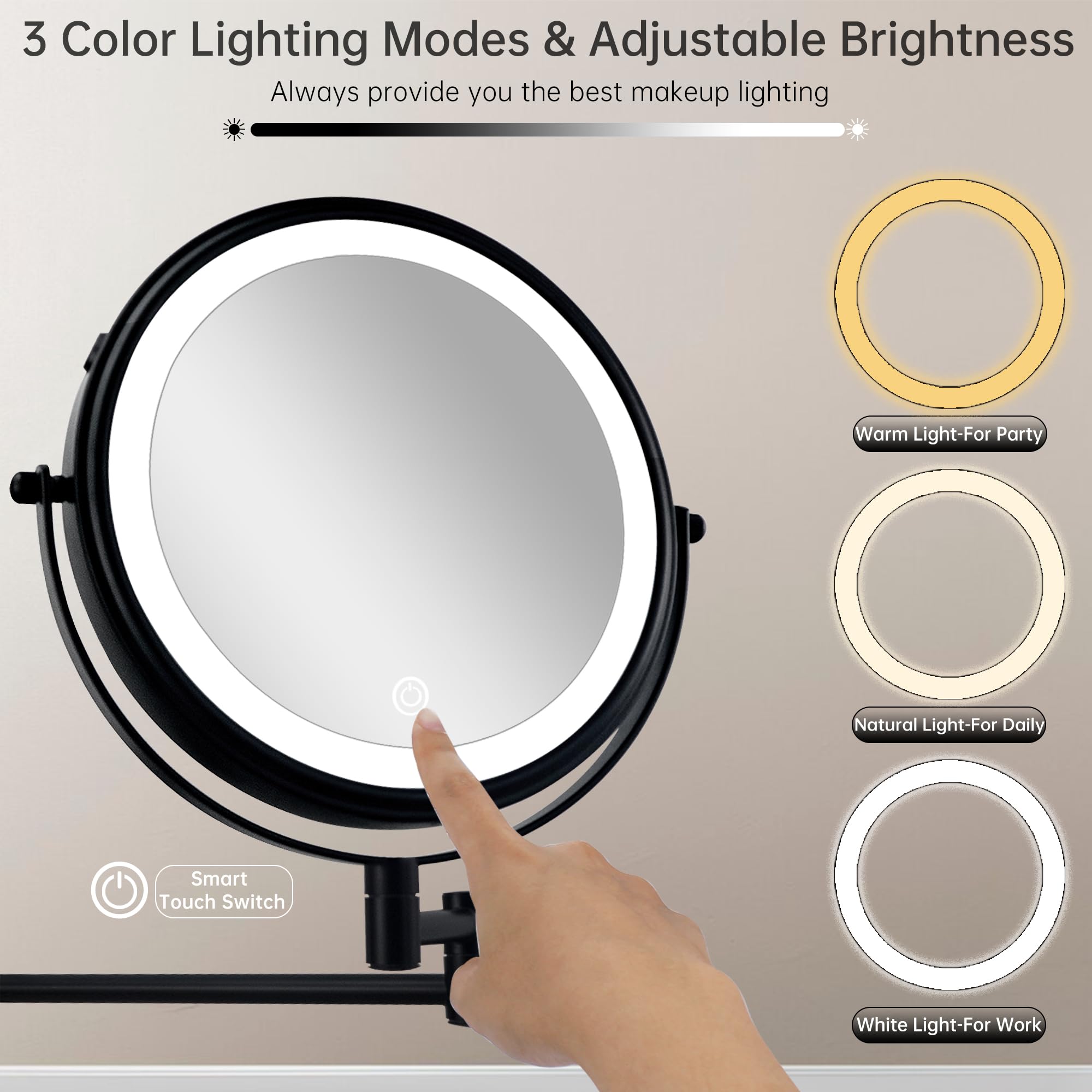 Janeeva 8'' Wall Mounted Lighted Makeup Mirror,Rechargeable Double Sided 1X/10X Magnifying Mirror With 3 Color Lights,Touch Dimm