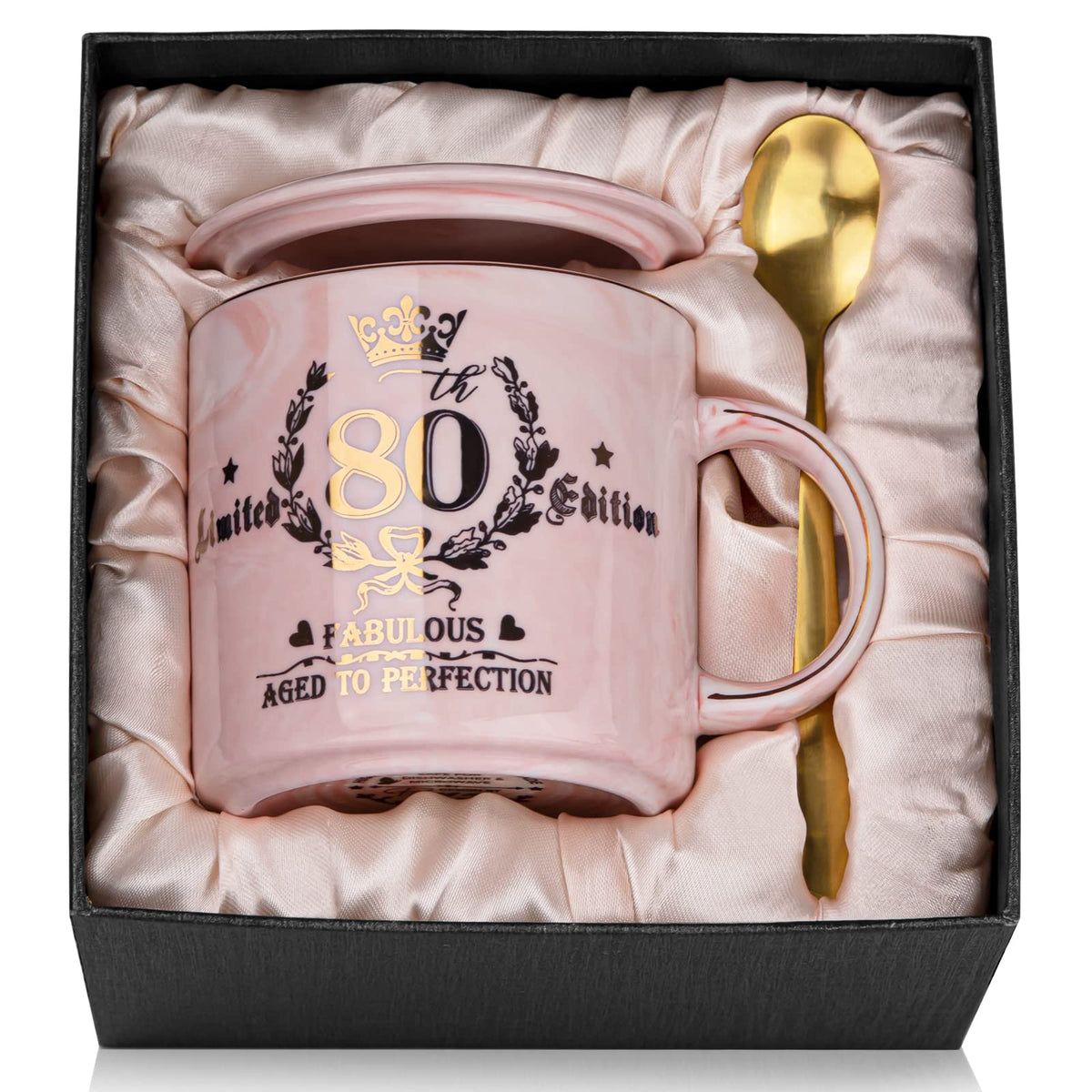 80Th Birthday Gifts For Women, 14Oz Pink Coffee Mug With Gold Pattern, Best Gifts For 80 Year Old Grandma, Mom, Sister, Friend,