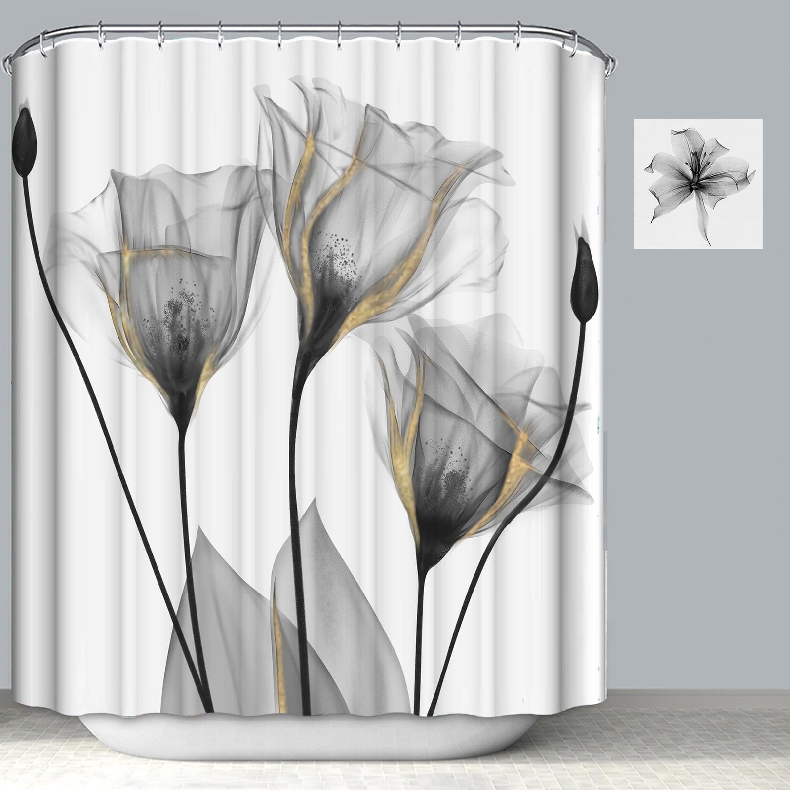 Zchomi Grey Floral Shower Curtain Watercolor Tulip Flower Shower Curtain For Bathroom Waterproof Polyester Fabric Bathroom Curta