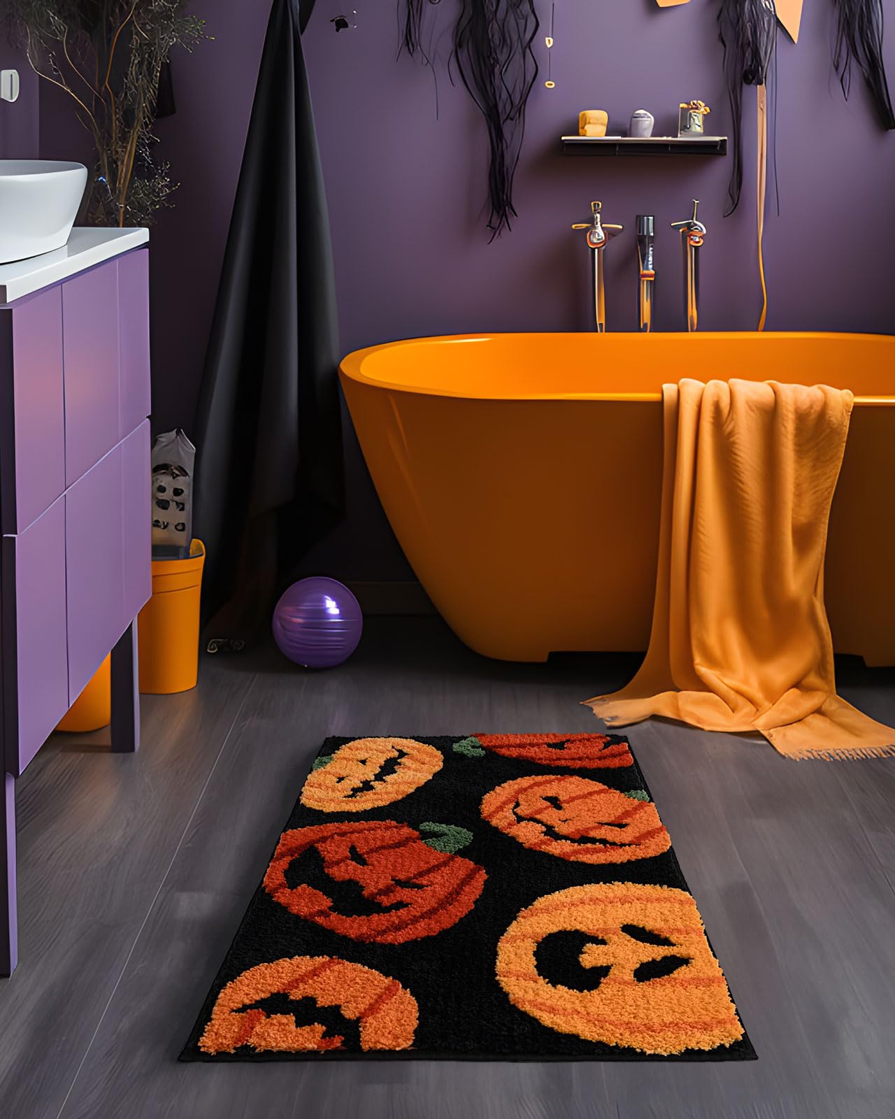 Dexde Fall Halloween Bathroom Rugs Fun Pumpkins Bath Mat For Autumn Harvest Thanksgiving Home Decor, Soft Non-Slip Carpet For Ha