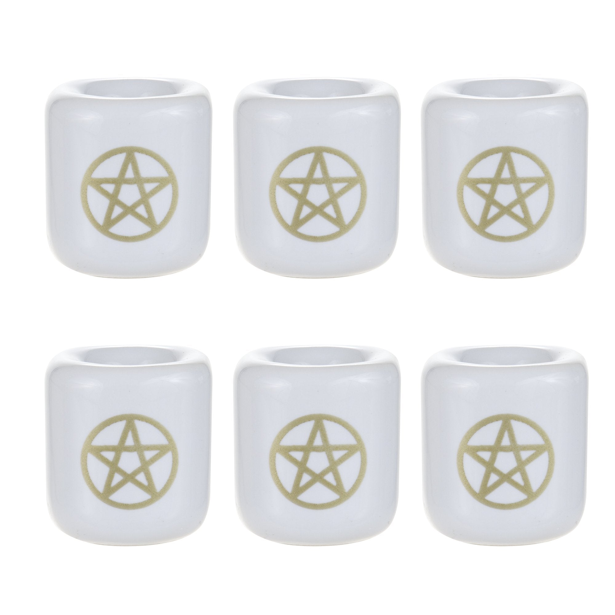 Mega Candles - 6 pcs Ceramic Gold Pentacle Chime Ritual Spell on White Candle Holder, Candle Holder, Great for Casting Chimes, R