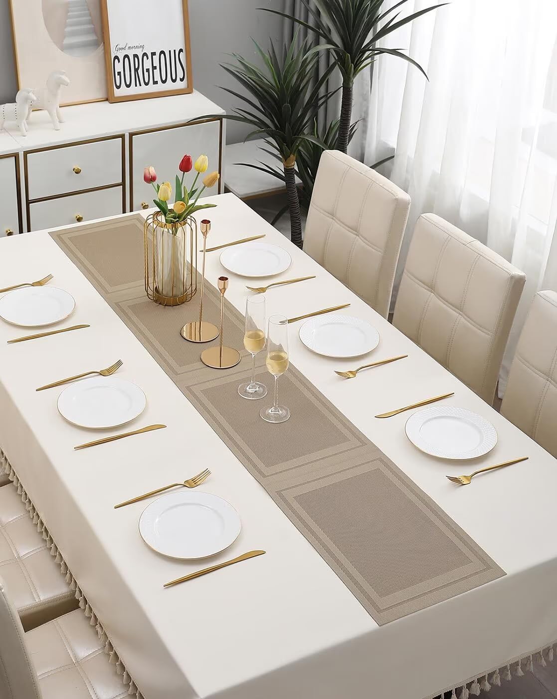 RSUAH Table Runner 1 Pc, Beige, Table Runner for 6 Seater Dining Table, PVC Woven Vinyl, Stain Resistant for Kitchen, Dining Tab
