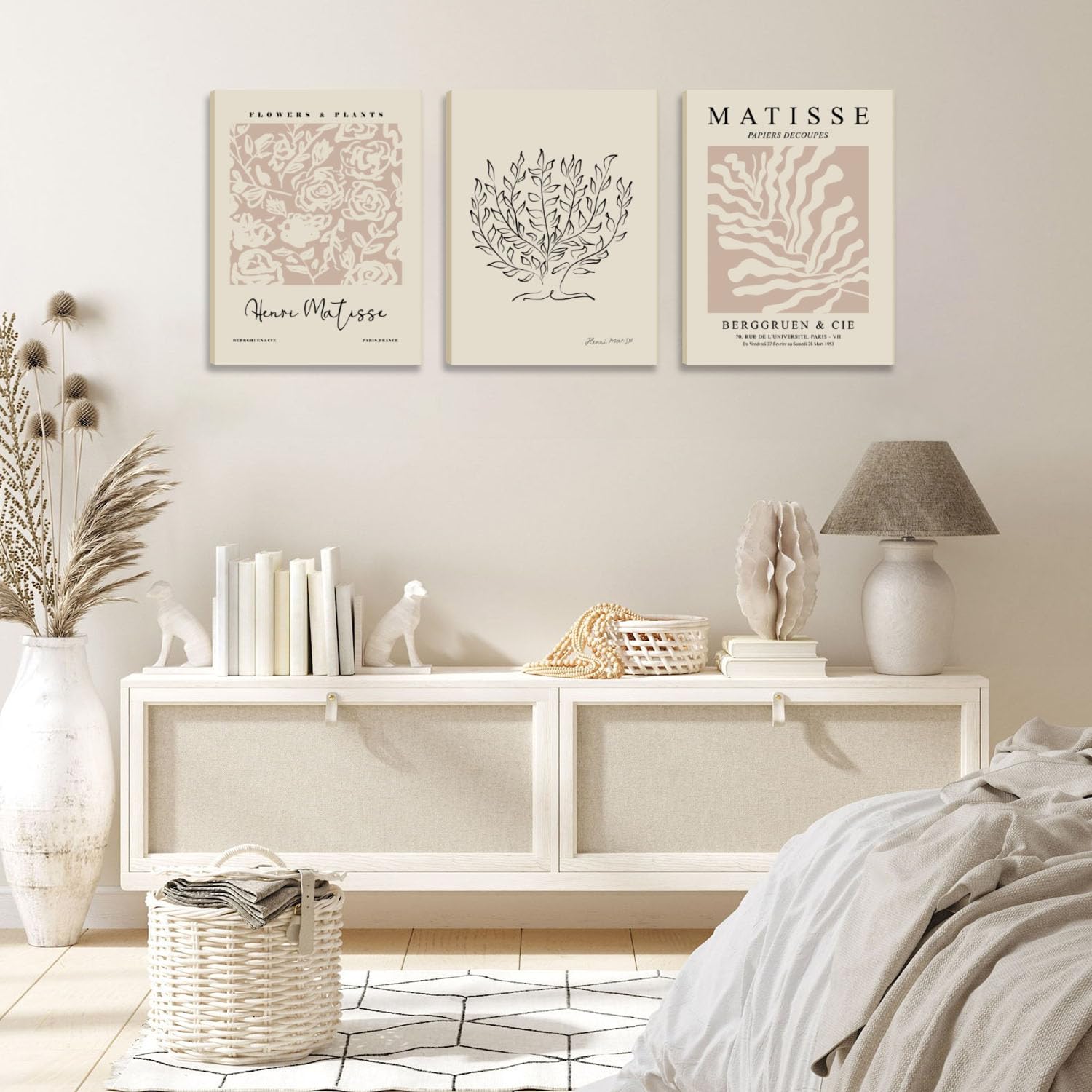 Akwish Matisse Aesthetic Canvas Wall Art Set Of 3, Abstract Henri Matisse Beige Neutral Wall Home Decor Boho Flower Abstract Pos