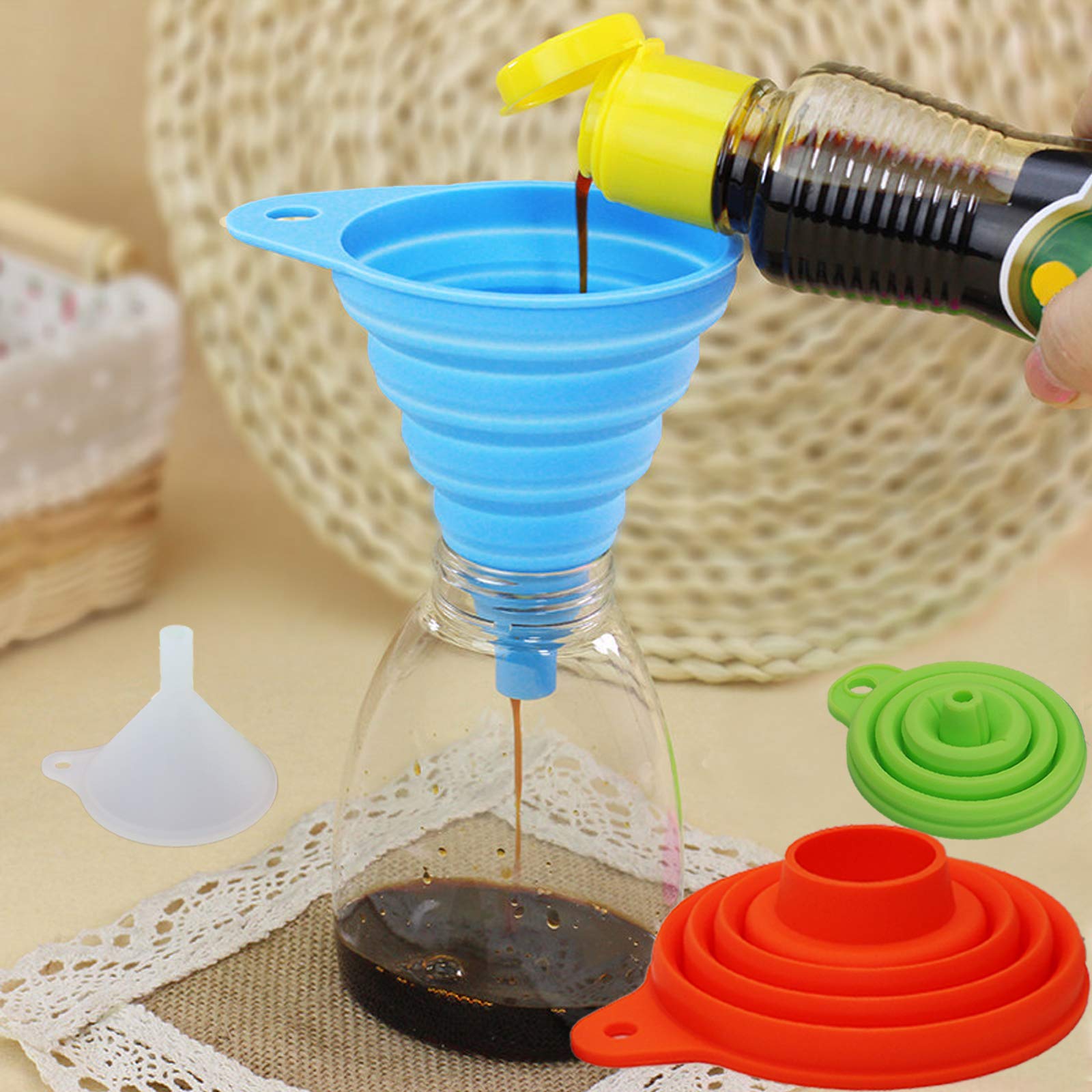 Kongnai Silicone Funnels Set, Collapsible Funnel For Kitchen Use, Mini Small Medium And Large 4 Pack, Different Sizes For Fillin