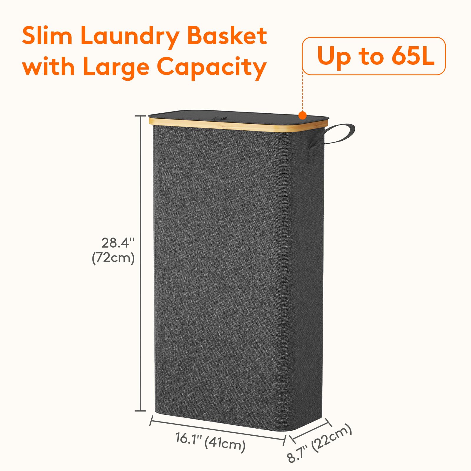Lifewit 65L Slim Laundry Hamper With Lid, Narrow Laundry Basket With Removable Bag & Bamboo Handles, Fodable Thin Dirty Clothes