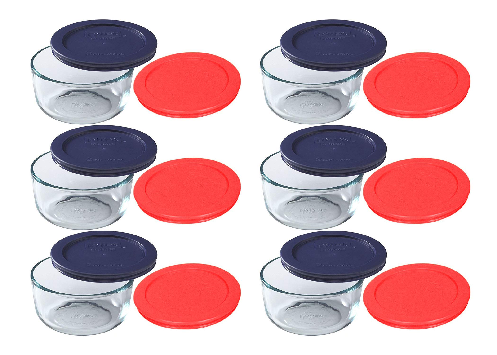 Pyrex 7200 (2Cup) Glass Bowls with Blue & Red Lids (6 Pack)  Made in USA