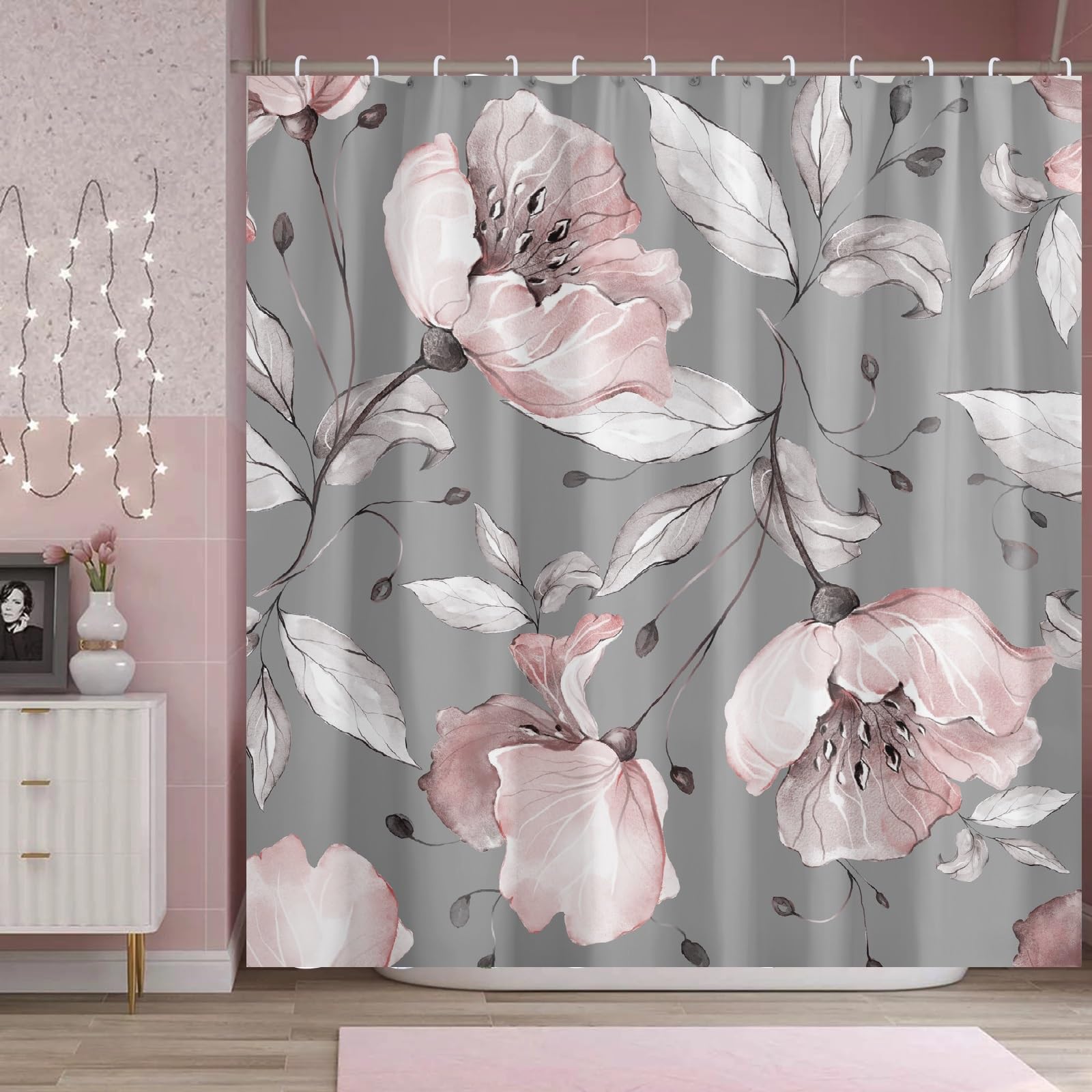 Bivinar Long Pink Flower Shower Curtain 72 X 78 Inch,Floral Botanical Shower Curtain For Bathroom Decor, Wildflower Herb Shower