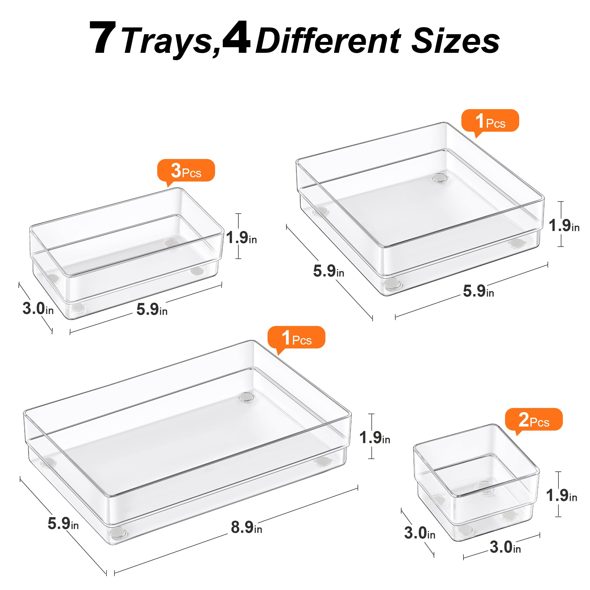SMARTAKE 7-Piece Drawer Organizer with Non-Slip Silicone Pads, 4-Size Desk Drawer Organizer Trays Storage Tray for Makeup, Jewel