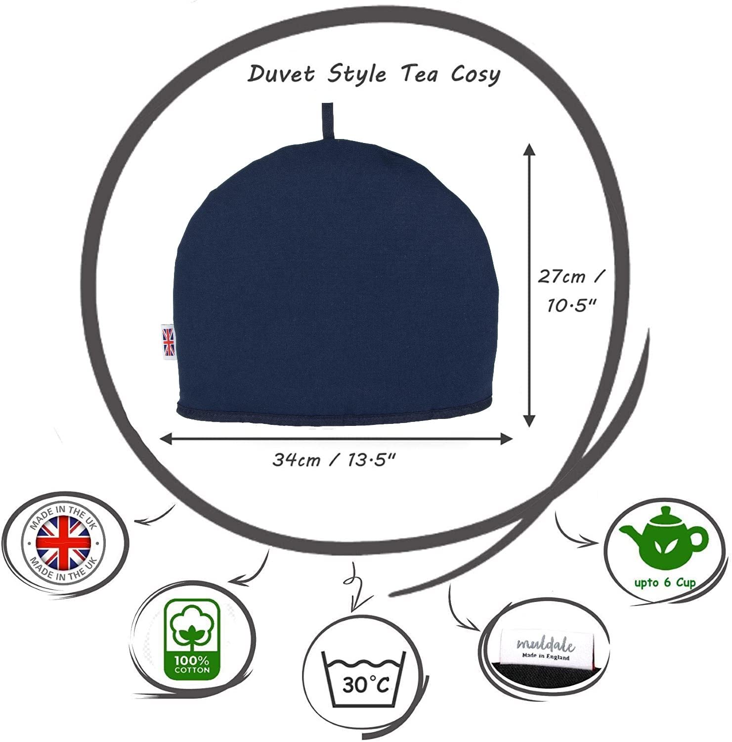 Muldale Large Tea Cozy For Teapot - Oxford Navy - Teapot Cover Insulated 100% Cotton Thick Wadding - Made In England - Tea Cozie