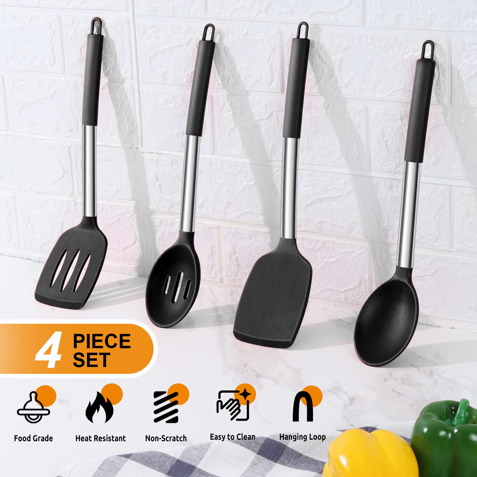 E-Far Cooking Utensils Set Of 4, Silicone Kitchen Utensils For Non-Stick Cookware, Heat Resistant & Non-Toxic Slotted Spatula So
