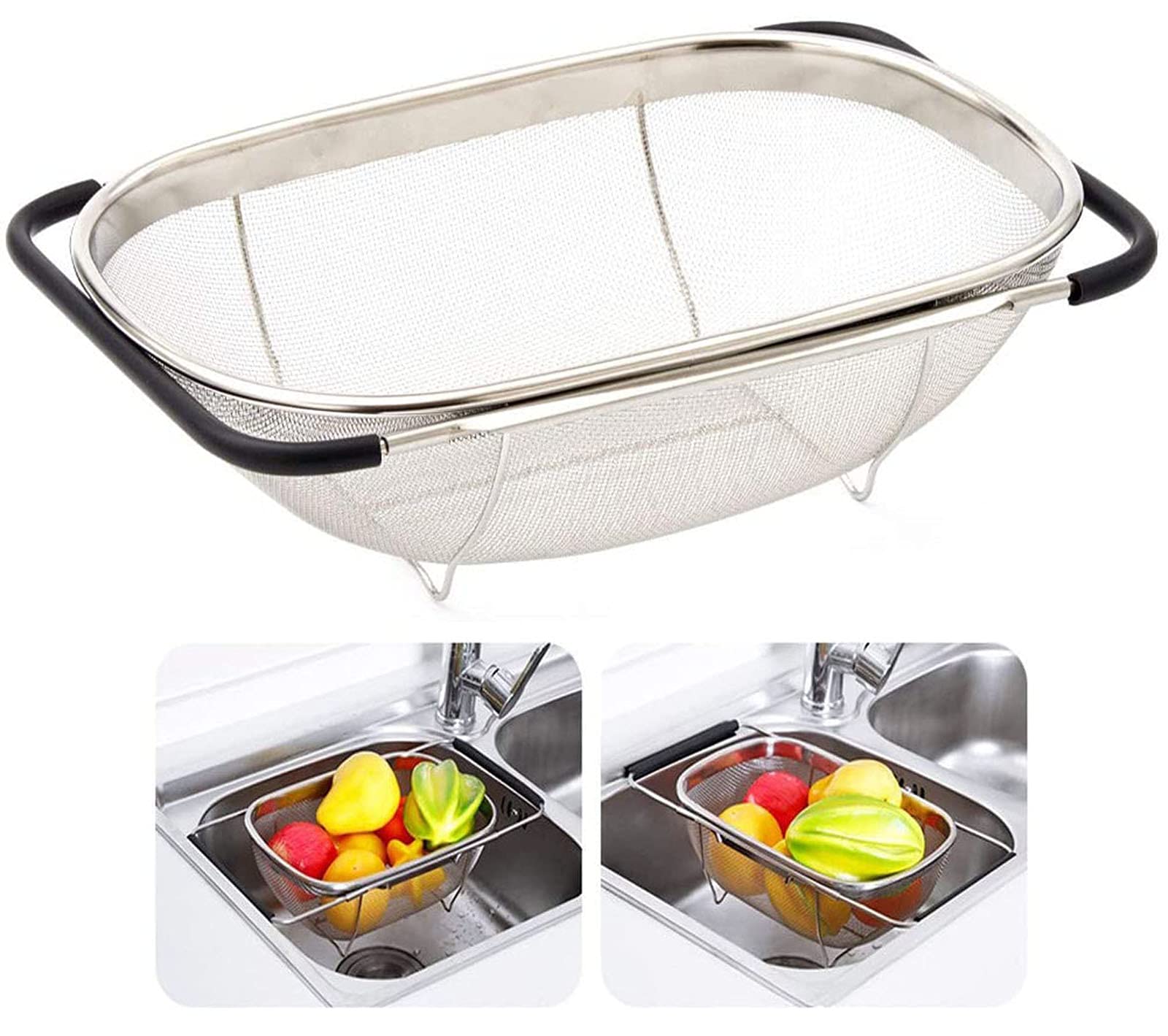 Over The Sink Stainless Steel Oval Colander With Expandable Rubber Grip Handles Strainers, Fine Mesh Strainer Basket Kitchen 6 Q
