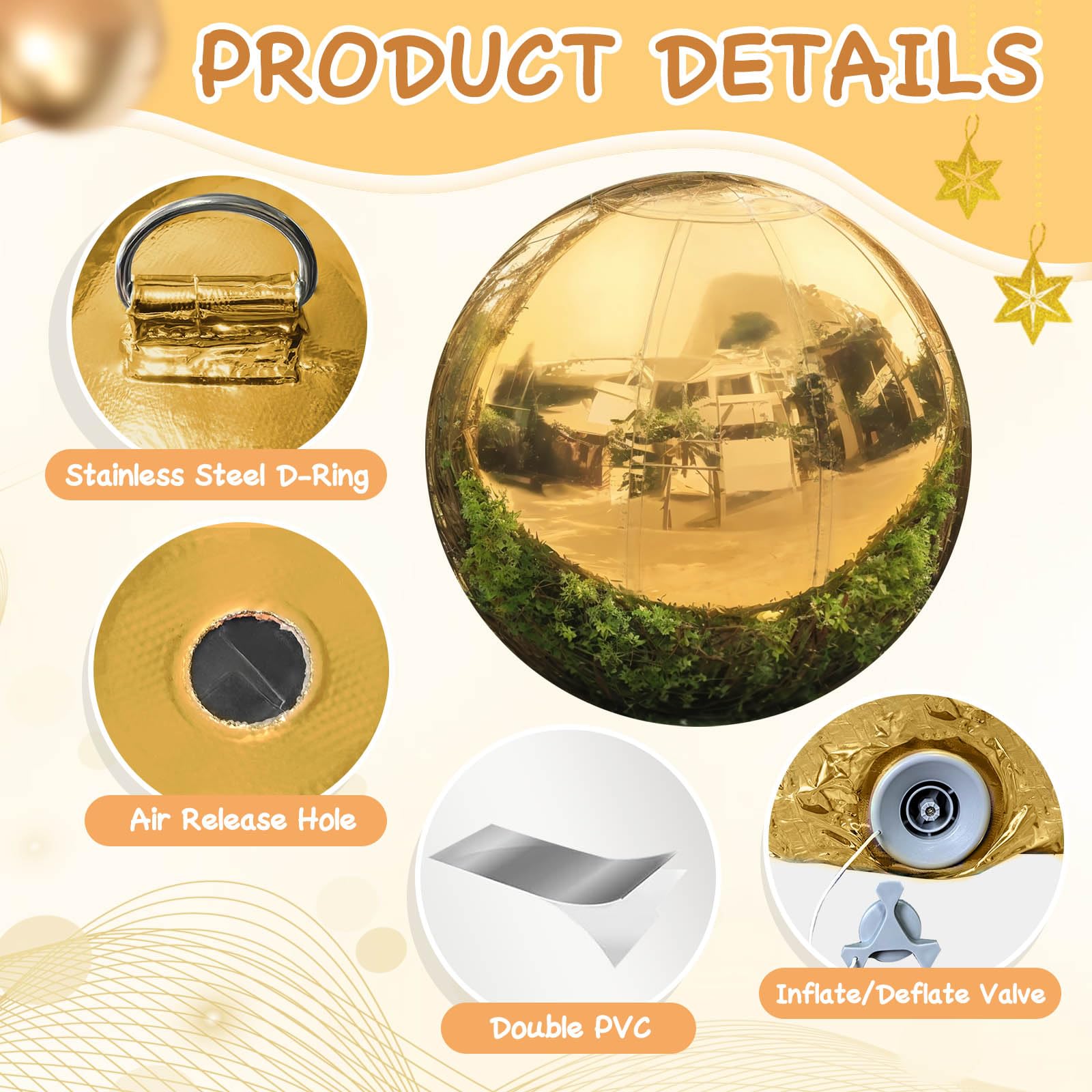 VEBESYET Gold Inflatable Mirror Ball 1m Reusable Large Event Decoration Balloon PVC Bubble Balloon for Party, Wedding, Decor (1