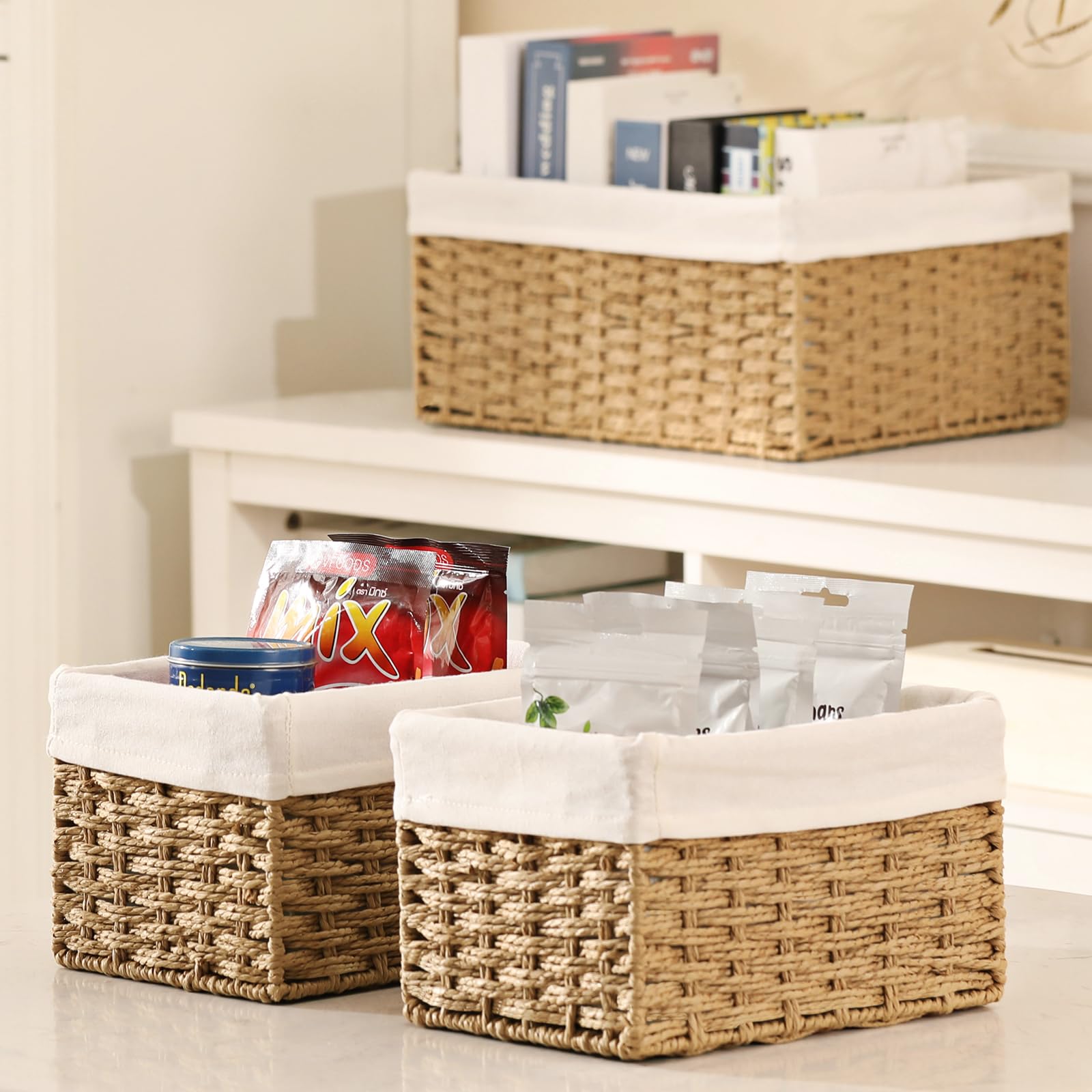 Vagusicc Wicker Storage Basket, 3-Pack Woven Paper Rope Wicker Baskets With Handles, Large Wicker Basket Cube Storage Bins With