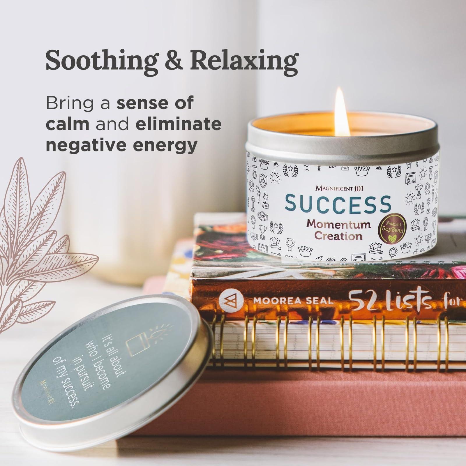 MAGNIFICENT 101 Success Aromatherapy Candle for Momentum Creation - Sage, Bergamot, Sandalwood Scented Natural Soybean Wax Tin C