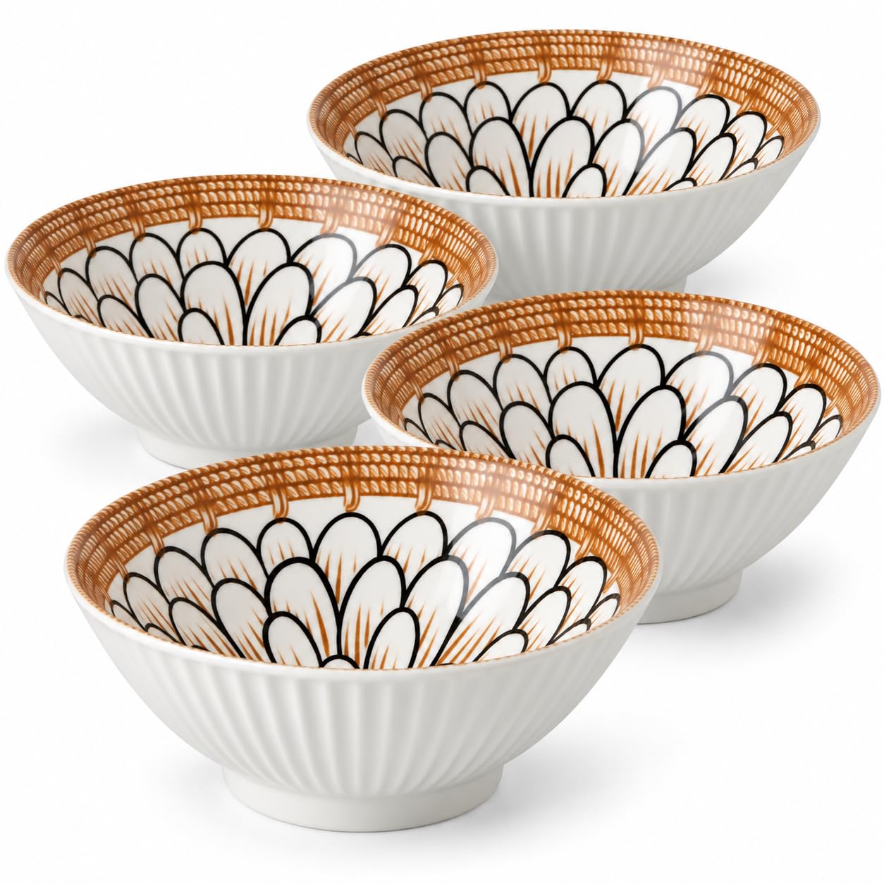 Kankuwar Decorative Ceramic Bowl 8 Inch 950Ml | Set Of 4 Large Deep Serving Bowl With Artistic Floral Design | Ideal For Ramen,